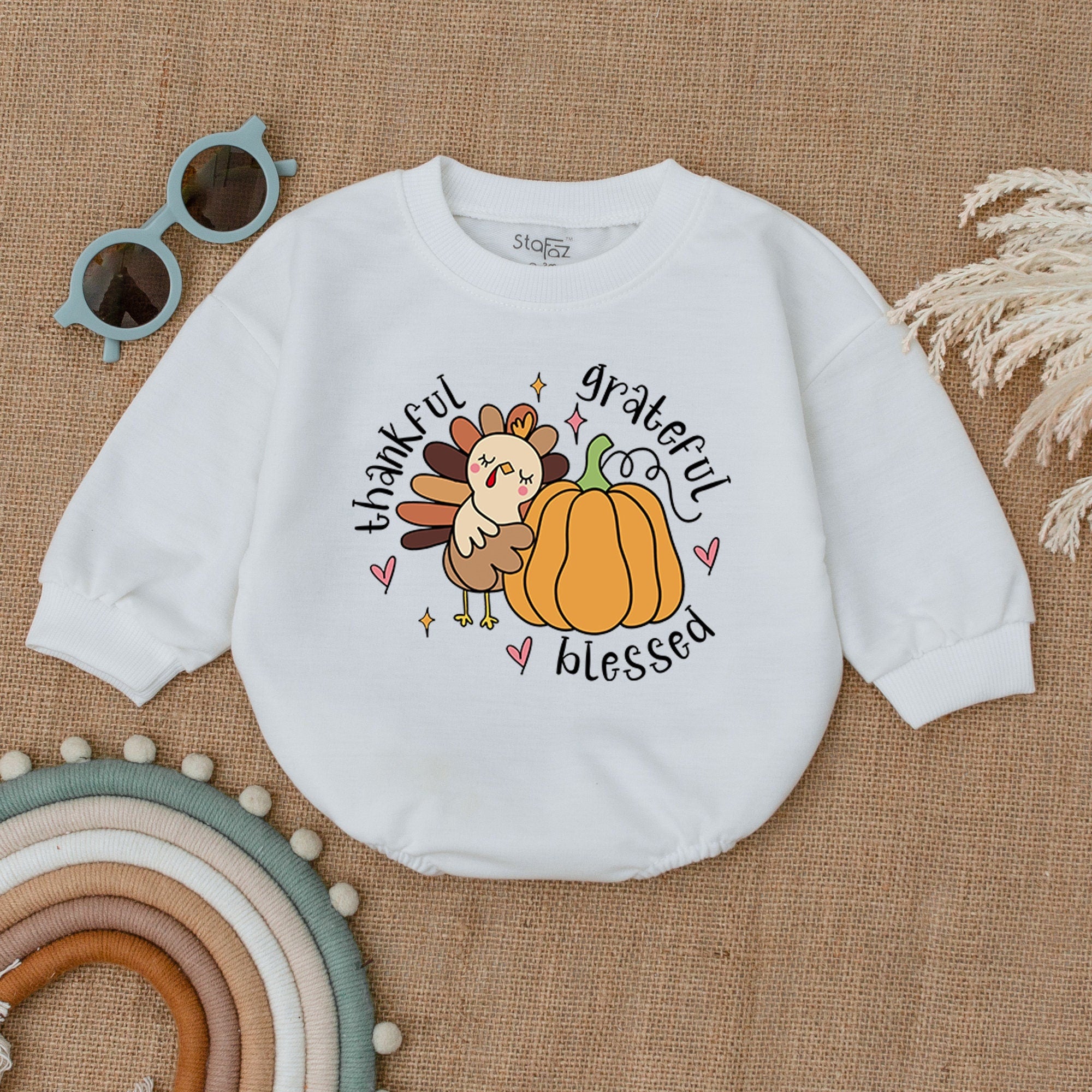 Thankful Grateful Blessed Turkey Baby Outfit with Pumpkin Design Cozy Autumn Romper Infant Holiday Clothes Cute Fall Bodysuit