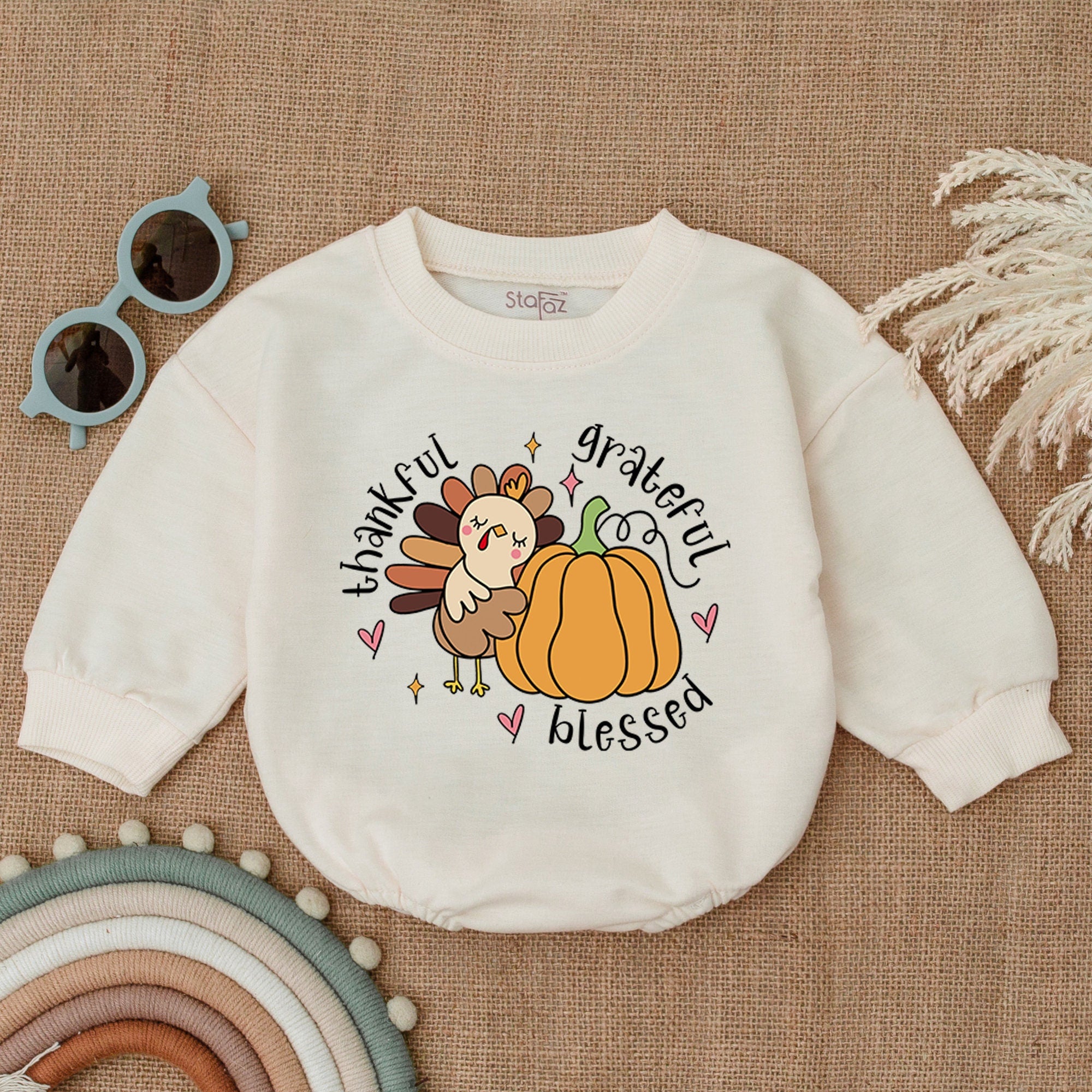 Thankful Grateful Blessed Turkey Baby Outfit with Pumpkin Design Cozy Autumn Romper Infant Holiday Clothes Cute Fall Bodysuit