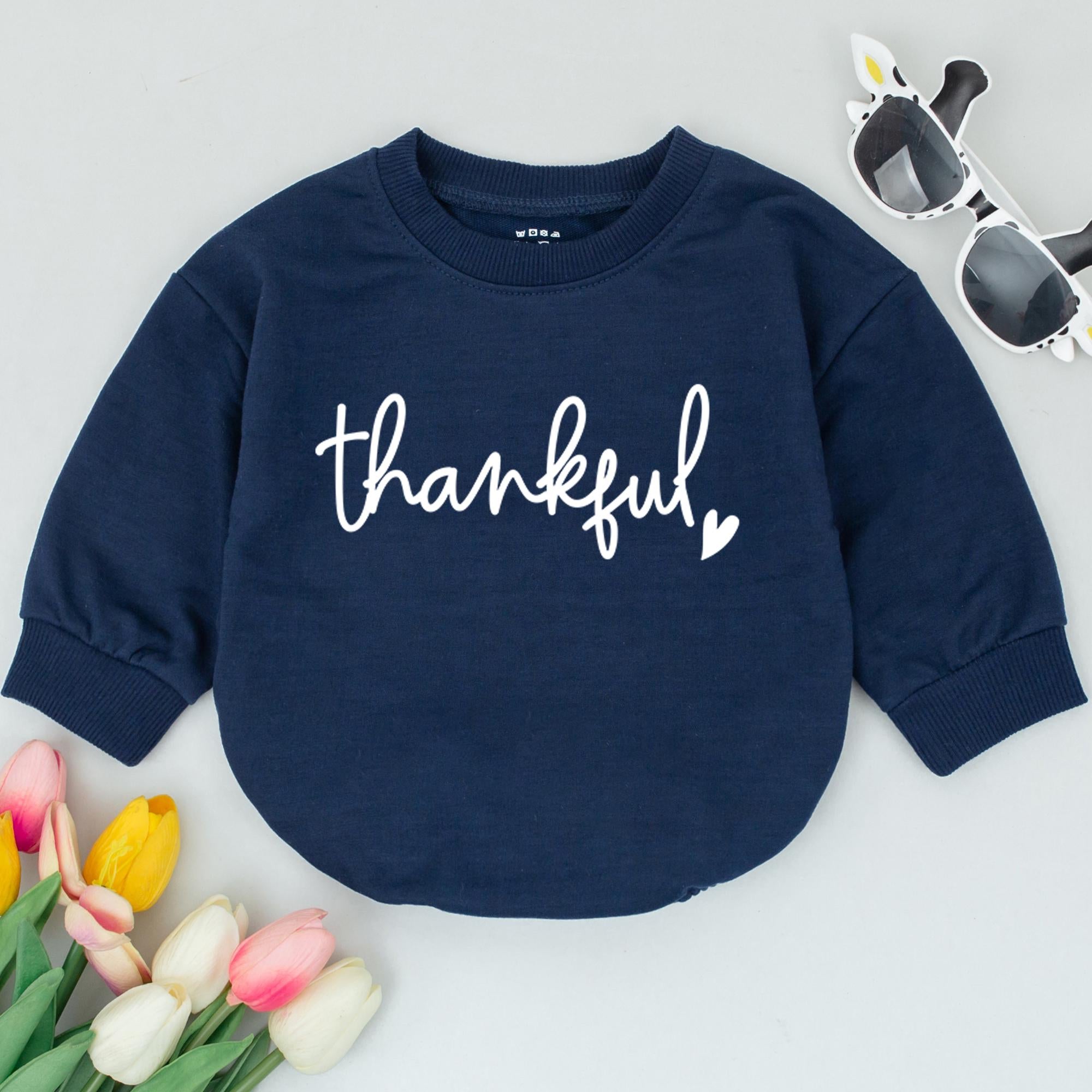 Thankful Handwritten Script Baby Romper Cozy Autumn Style Cotton Bodysuit Heart Detail Thanksgiving Gift Earthy Tone Infant Clothes