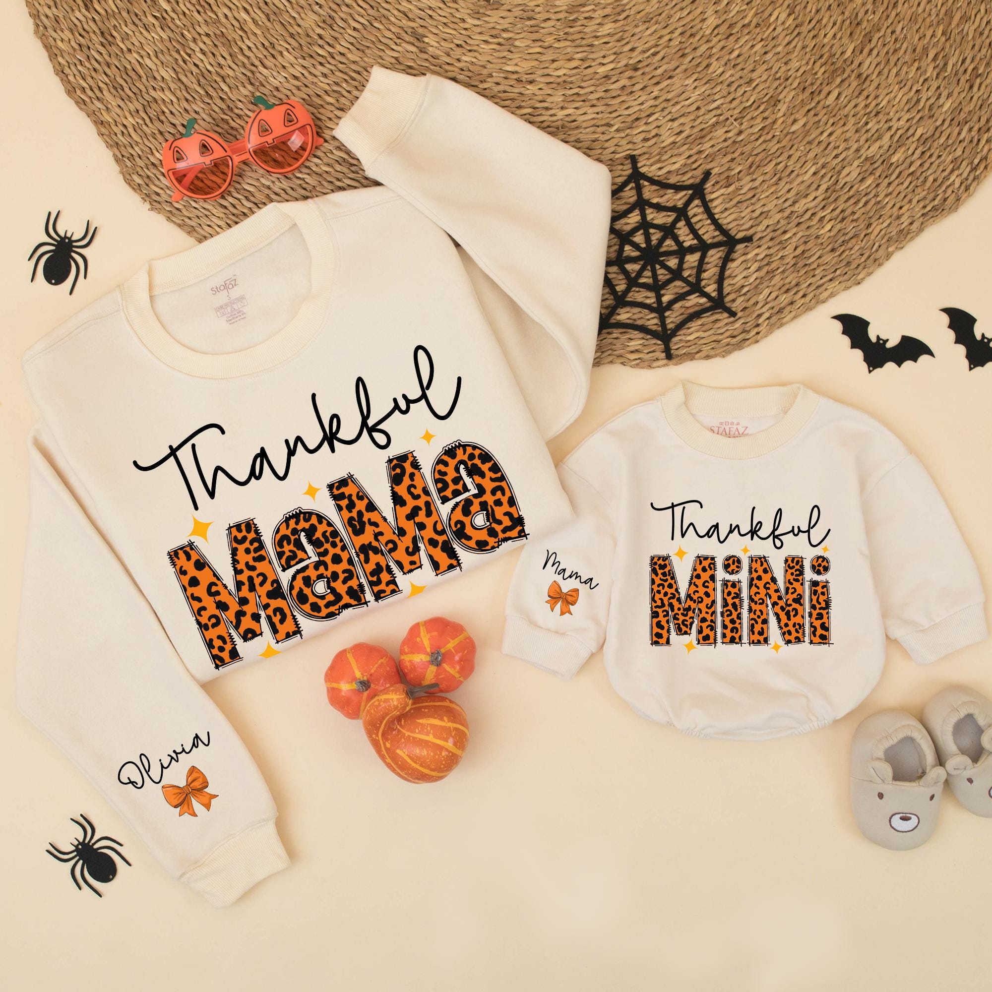 Thankful Mama and Mini Leopard Print Matching Sweatshirts, Thanksgiving Family Outfits with Custom Names on Front and Sleeve
