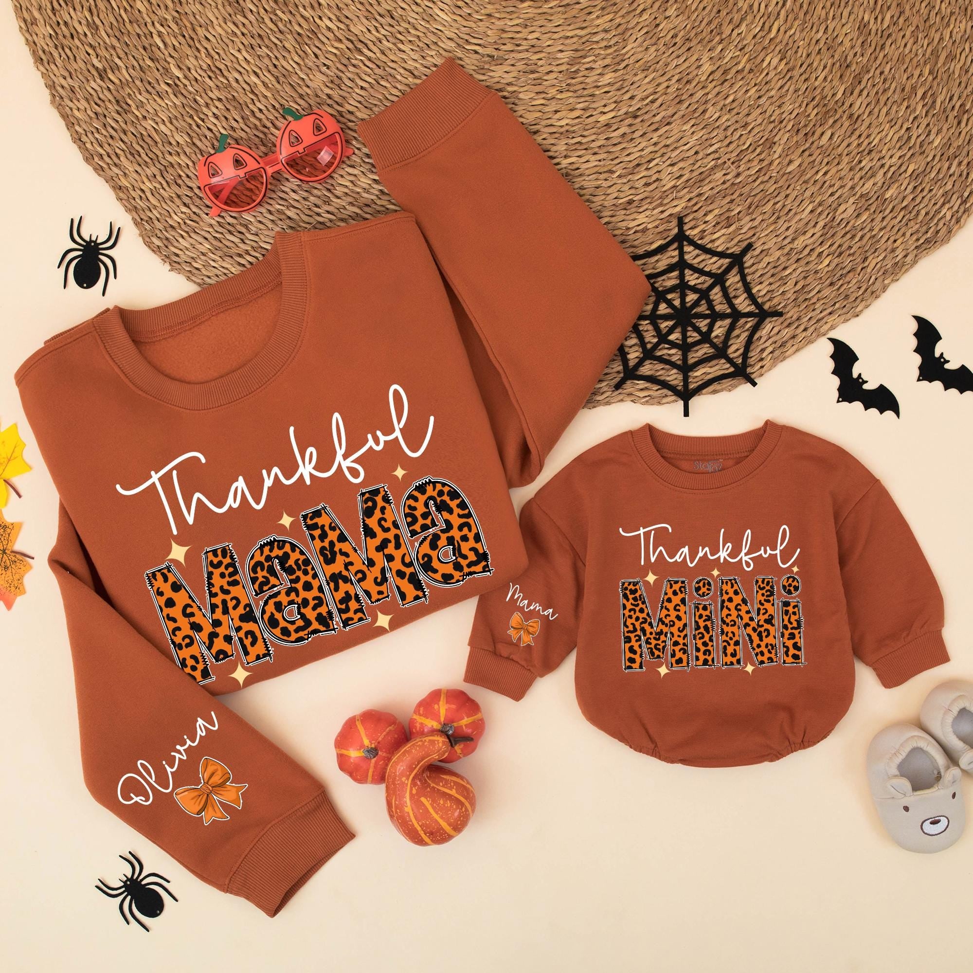 Thankful Mama and Mini Leopard Print Matching Sweatshirts, Thanksgiving Family Outfits with Custom Names on Front and Sleeve