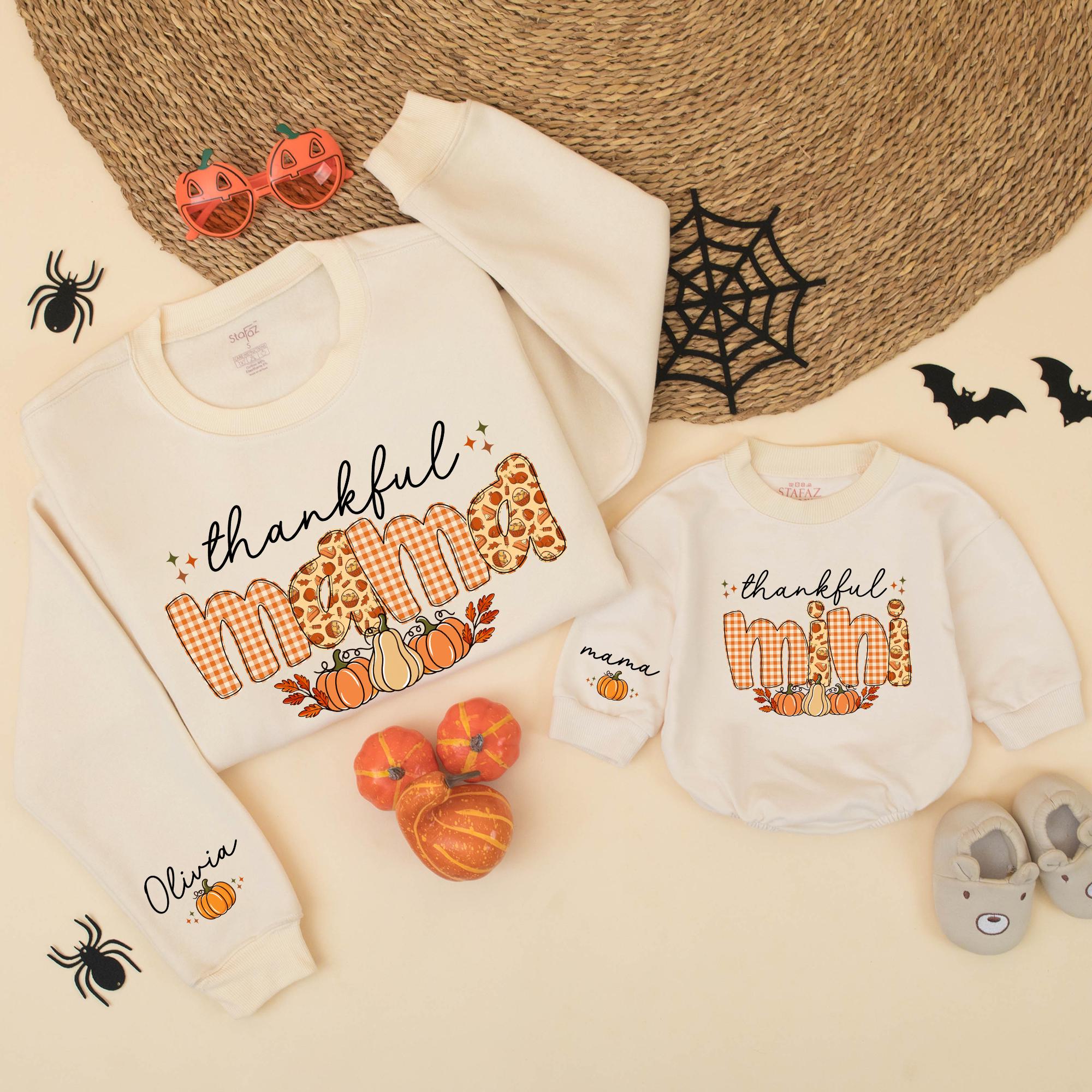 Thankful Mama and Mini Matching Thanksgiving Sweatshirts with Pumpkin Artwork, Custom Name Family Outfits for Fall Gatherings