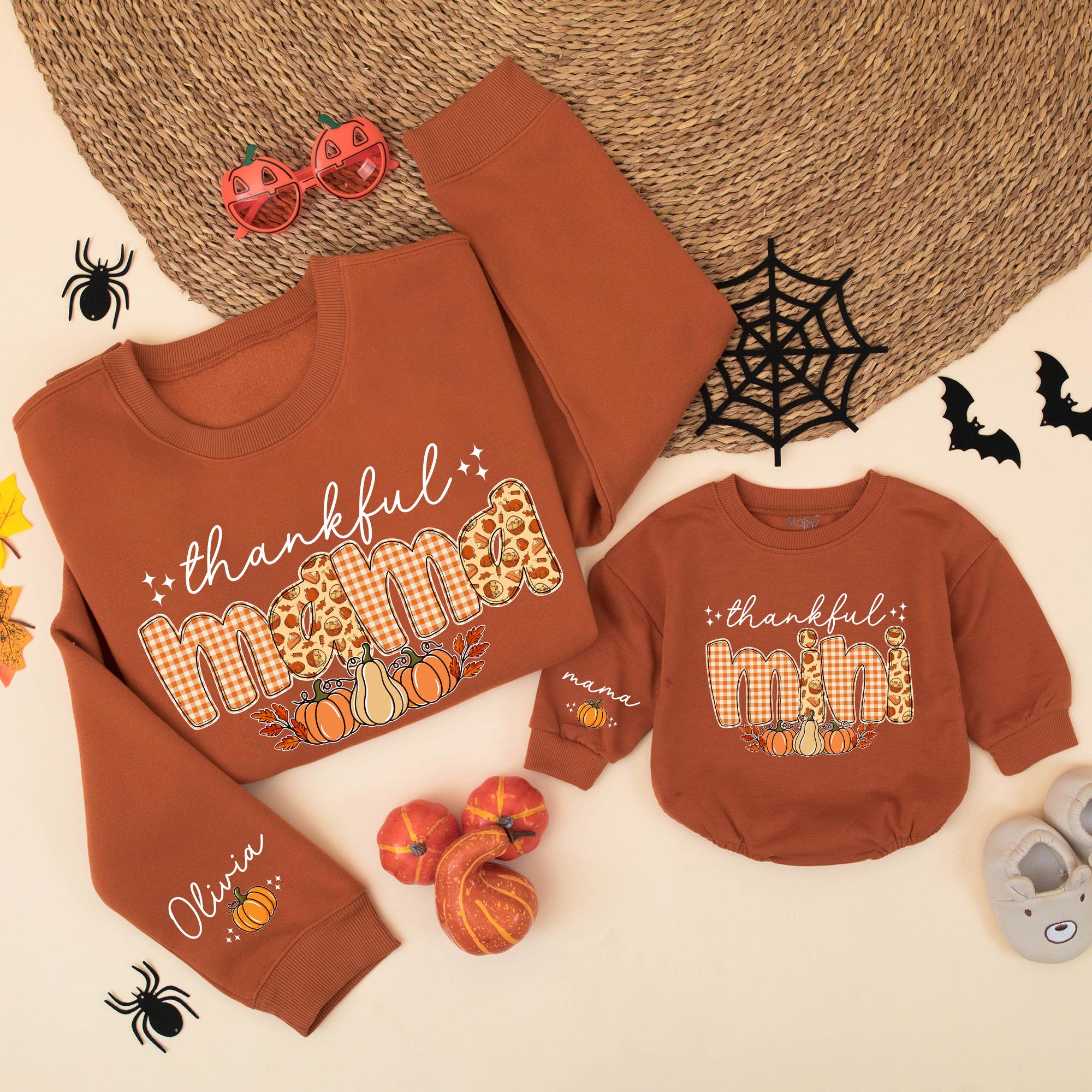 Thankful Mama and Mini Matching Thanksgiving Sweatshirts with Pumpkin Artwork, Custom Name Family Outfits for Fall Gatherings