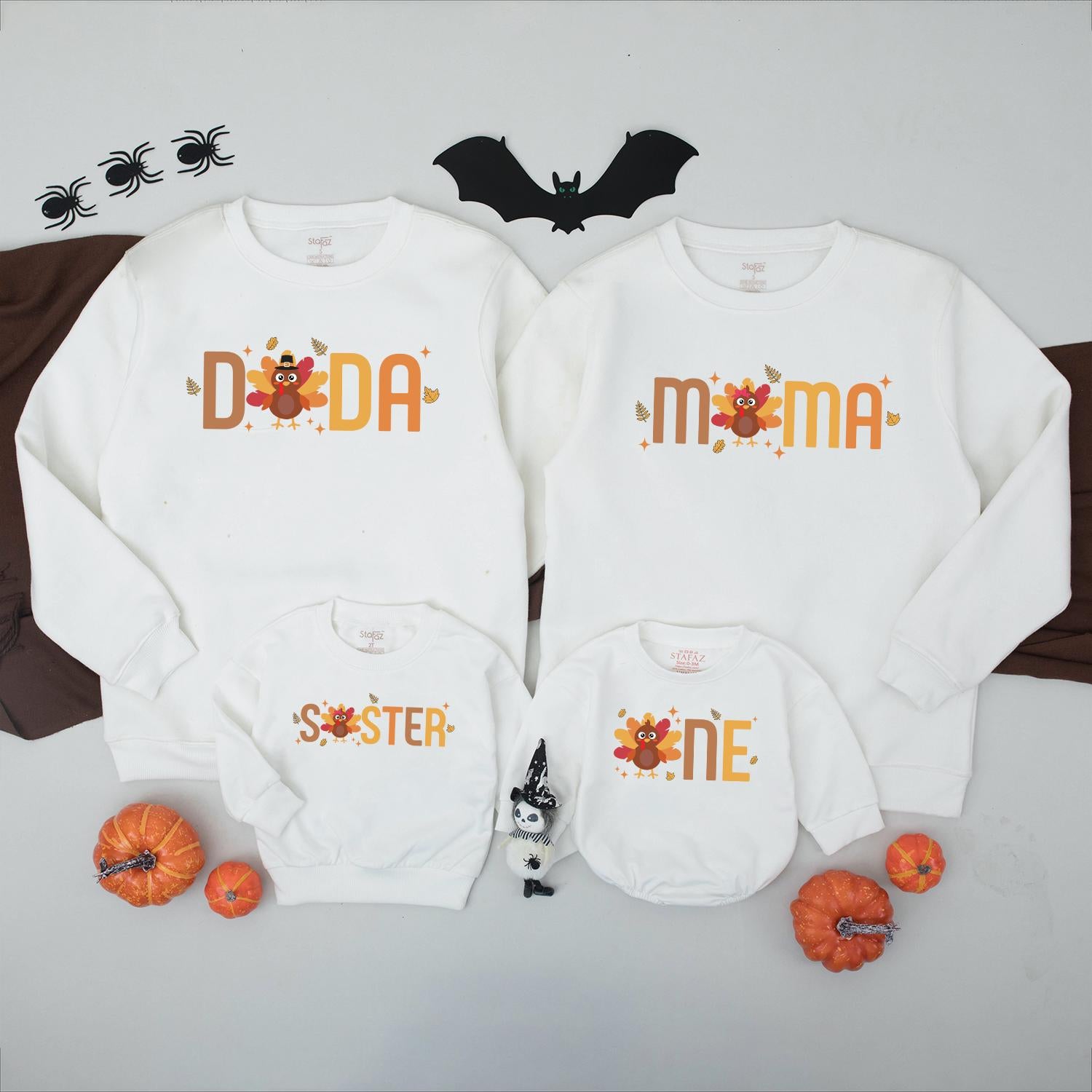 Thanksgiving Family Matching Shirts with Turkey Design, 1st Birthday Outfit for Baby, Custom Name Dada Mama Sister One-Year-Old