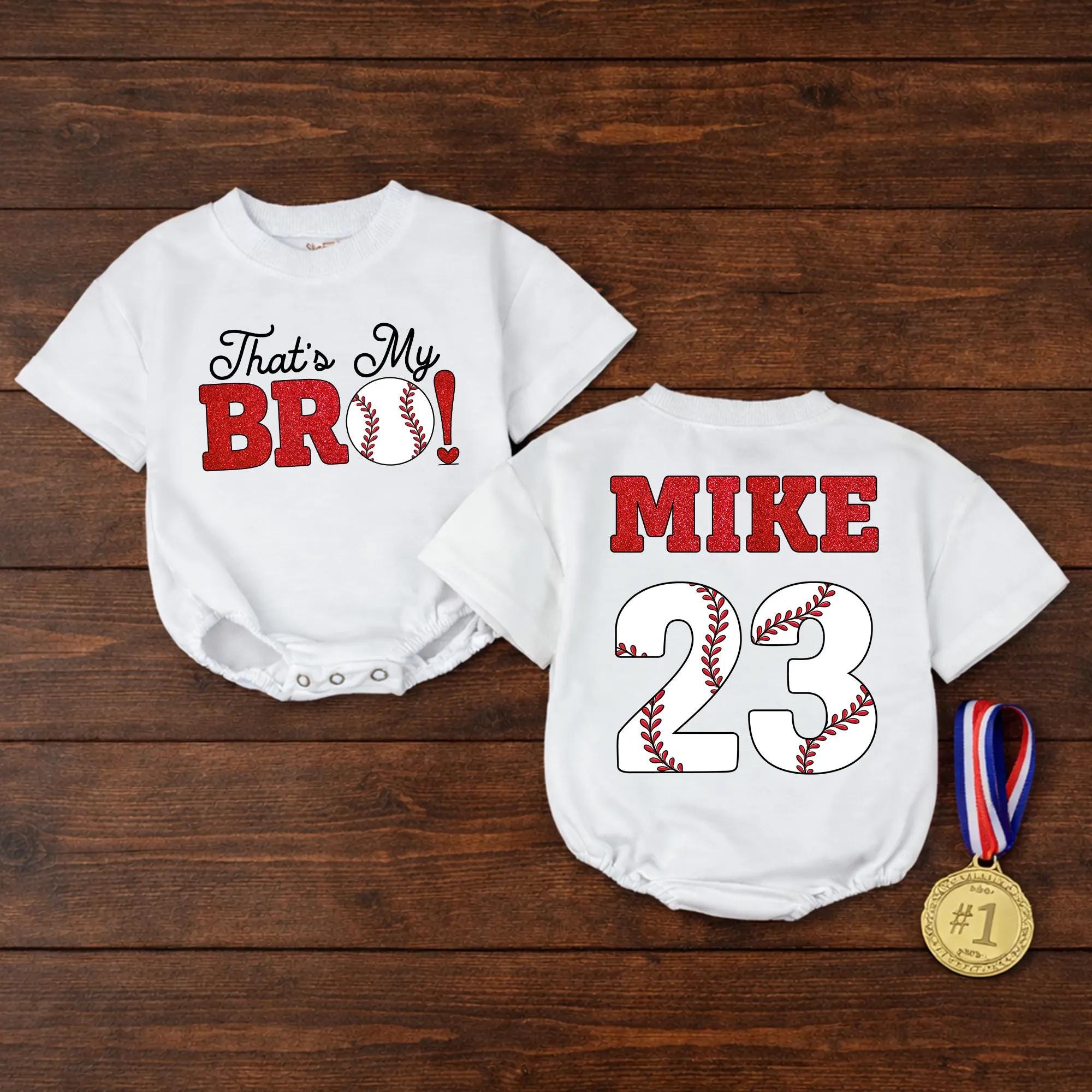 That’s My Bro Baseball Baby Girl Bubble Romper with Custom Name and Jersey Number, Little Sister Game Day Outfit for Baby