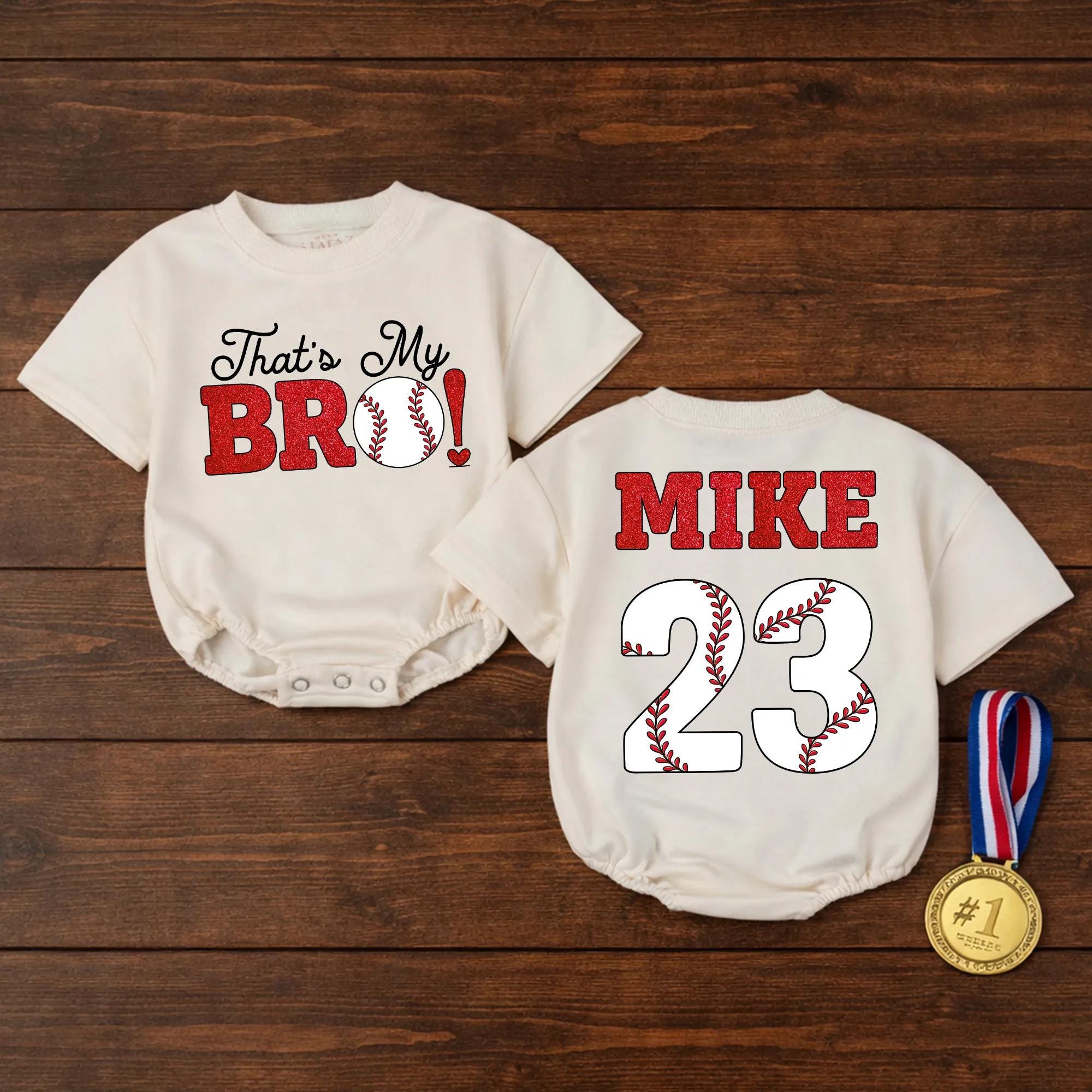 That’s My Bro Baseball Baby Girl Bubble Romper with Custom Name and Jersey Number, Little Sister Game Day Outfit for Baby