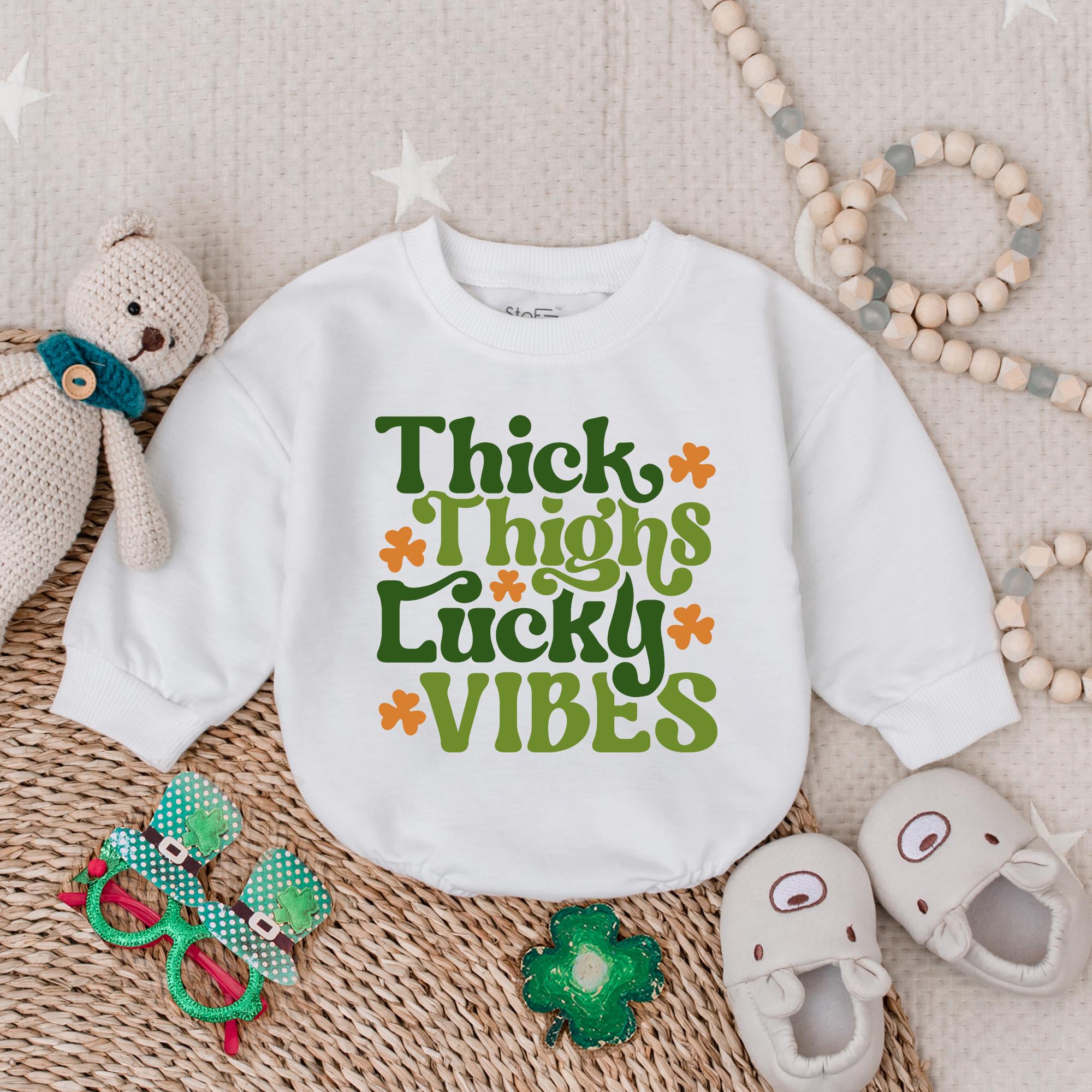 Thick Thighs Lucky Vibes Baby Romper St Patrick's Day Outfit Shamrock Irish Boy First Holiday Gift Fun Green Orange Design