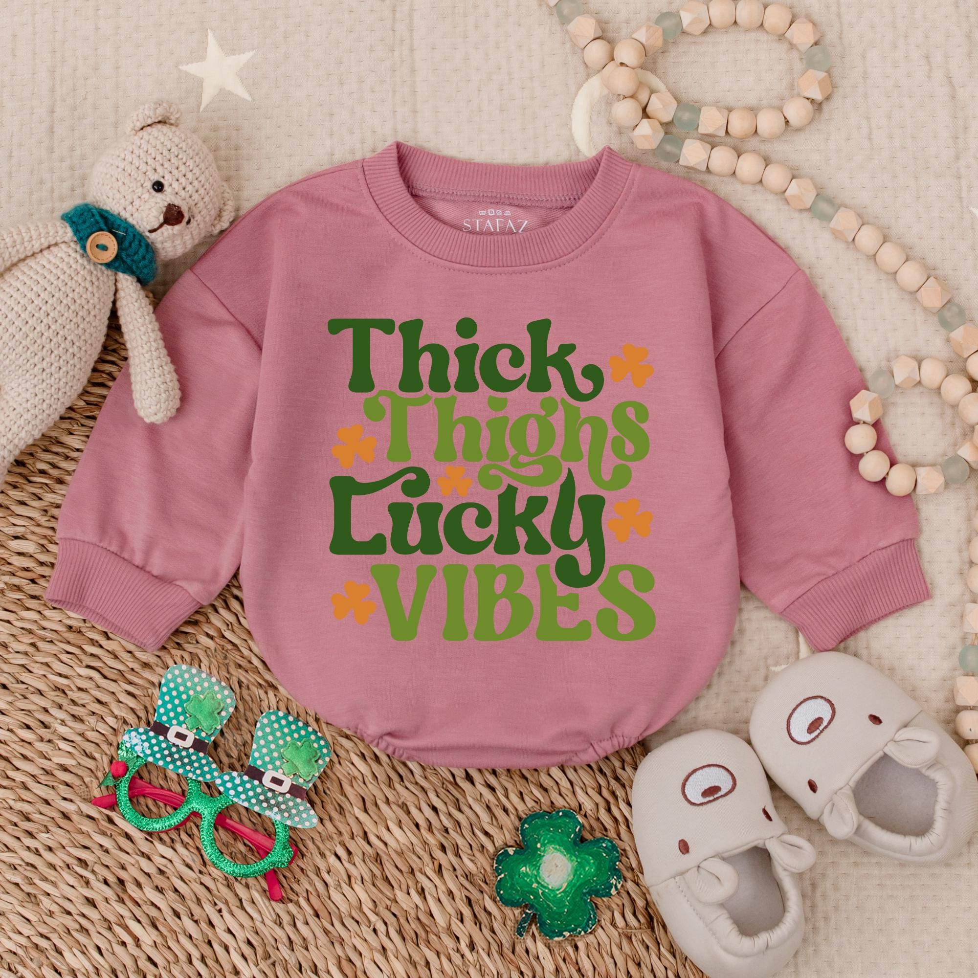 Thick Thighs Lucky Vibes Baby Romper St Patrick's Day Outfit Shamrock Irish Boy First Holiday Gift Fun Green Orange Design