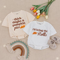 Thick Thighs and Pumpkin Pies Baby Romper Thanksgiving Outfit, I'll Bring the Rolls Babysuit Holiday Clothes Soft Cotton Infant Gift