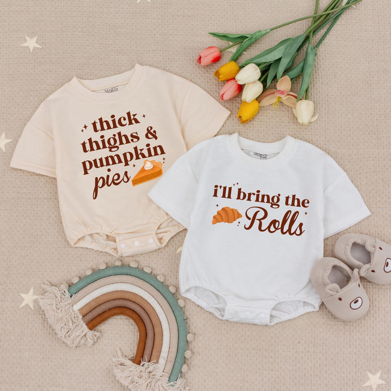 Thick Thighs and Pumpkin Pies Baby Romper Thanksgiving Outfit, I'll Bring the Rolls Babysuit Holiday Clothes Soft Cotton Infant Gift