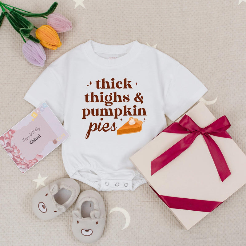 Thick Thighs and Pumpkin Pies Baby Romper Thanksgiving Outfit, I'll Bring the Rolls Babysuit Holiday Clothes Soft Cotton Infant Gift