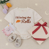 Thick Thighs and Pumpkin Pies Baby Romper Thanksgiving Outfit, I'll Bring the Rolls Babysuit Holiday Clothes Soft Cotton Infant Gift