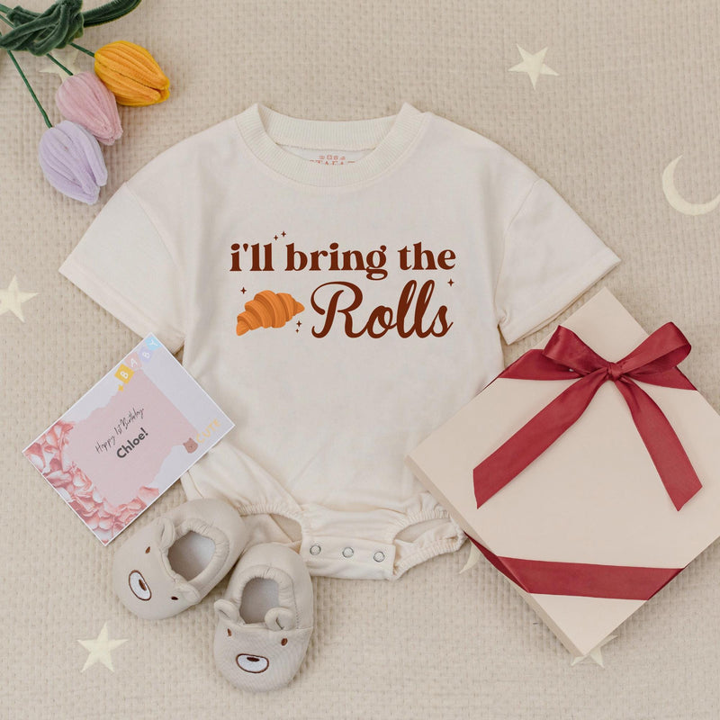 Thick Thighs and Pumpkin Pies Baby Romper Thanksgiving Outfit, I'll Bring the Rolls Babysuit Holiday Clothes Soft Cotton Infant Gift