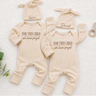 "For This Child We Have Prayed" Baby Bodysuit and Hat Set with Custom Name, Newborn Outfit for Twins or Single Babies