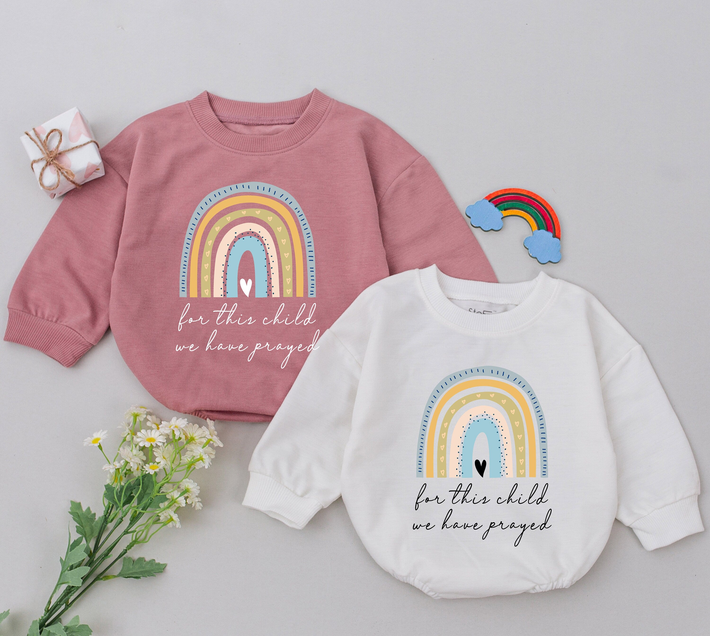 For This Child We Have Prayed Baby Romper with Pastel Rainbow Heartfelt Infant Clothes Soft Cotton Newborn Gift Baby Shower Outfit