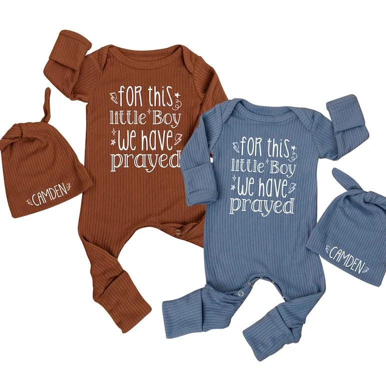 For This Little Boy We Have Prayed Baby Bodysuit and Custom Name Hat Set, Beige Newborn Coming Home Outfit, Baby Shower Gift