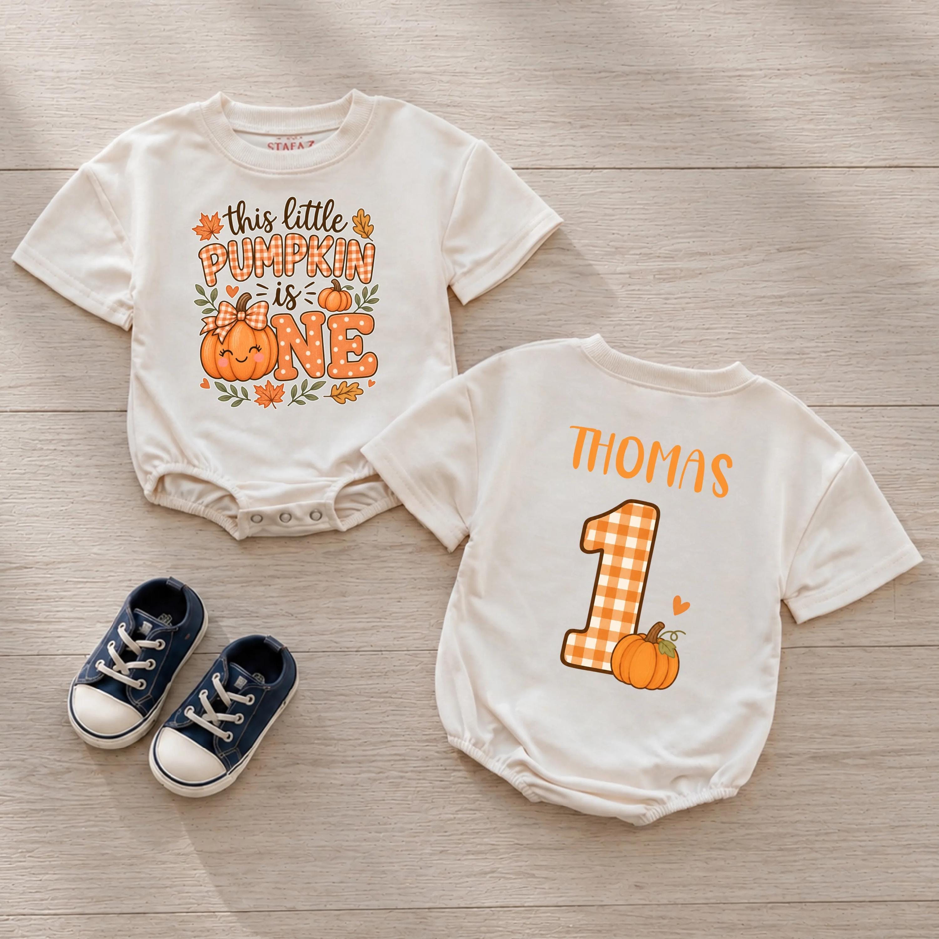 This Little Pumpkin Is One Baby Romper with Custom Name, 1st Halloween Birthday Outfit, Pumpkin Patch Fall Infant Bodysuit