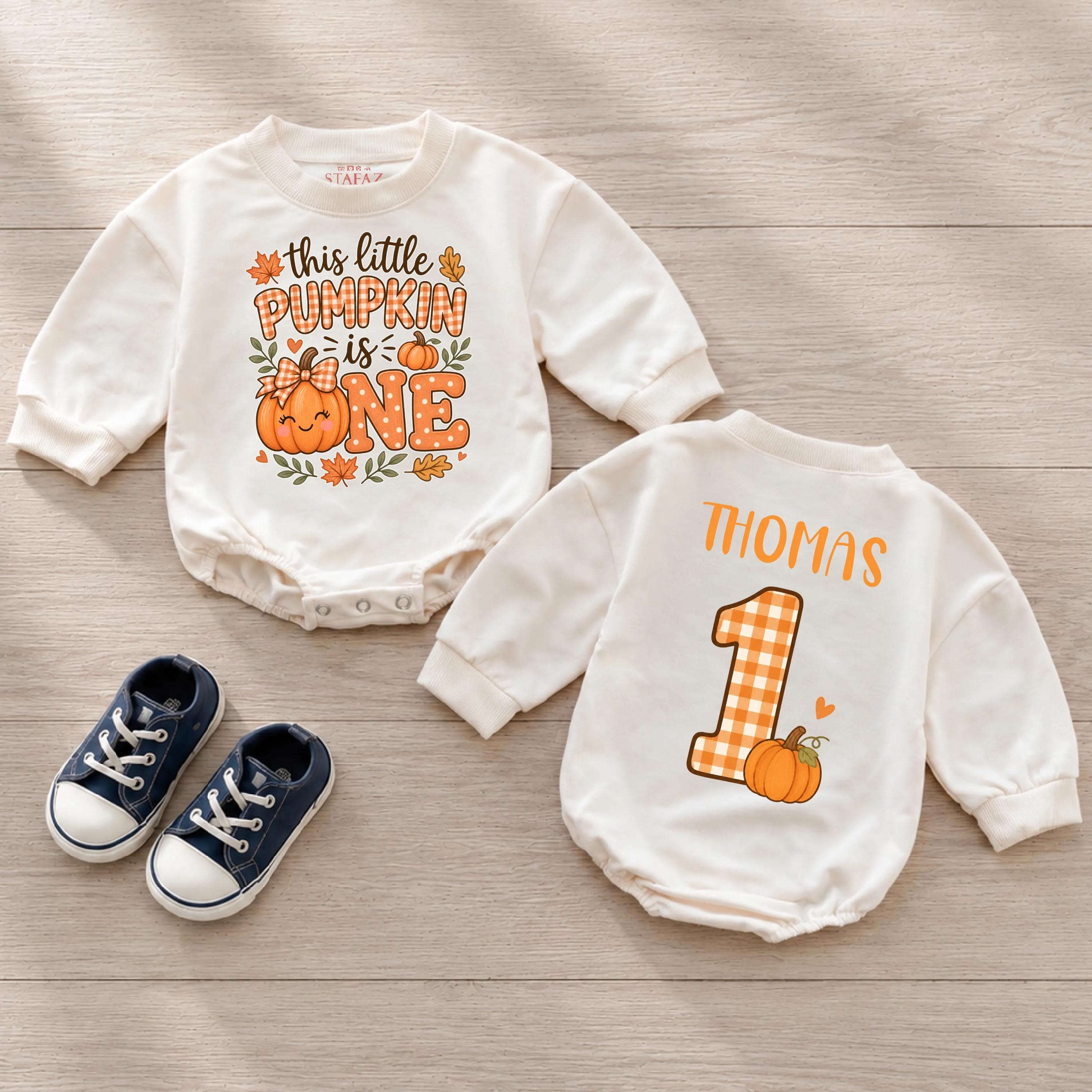 This Little Pumpkin Is One Baby Romper with Custom Name, 1st Halloween Birthday Outfit, Pumpkin Patch Fall Infant Bodysuit