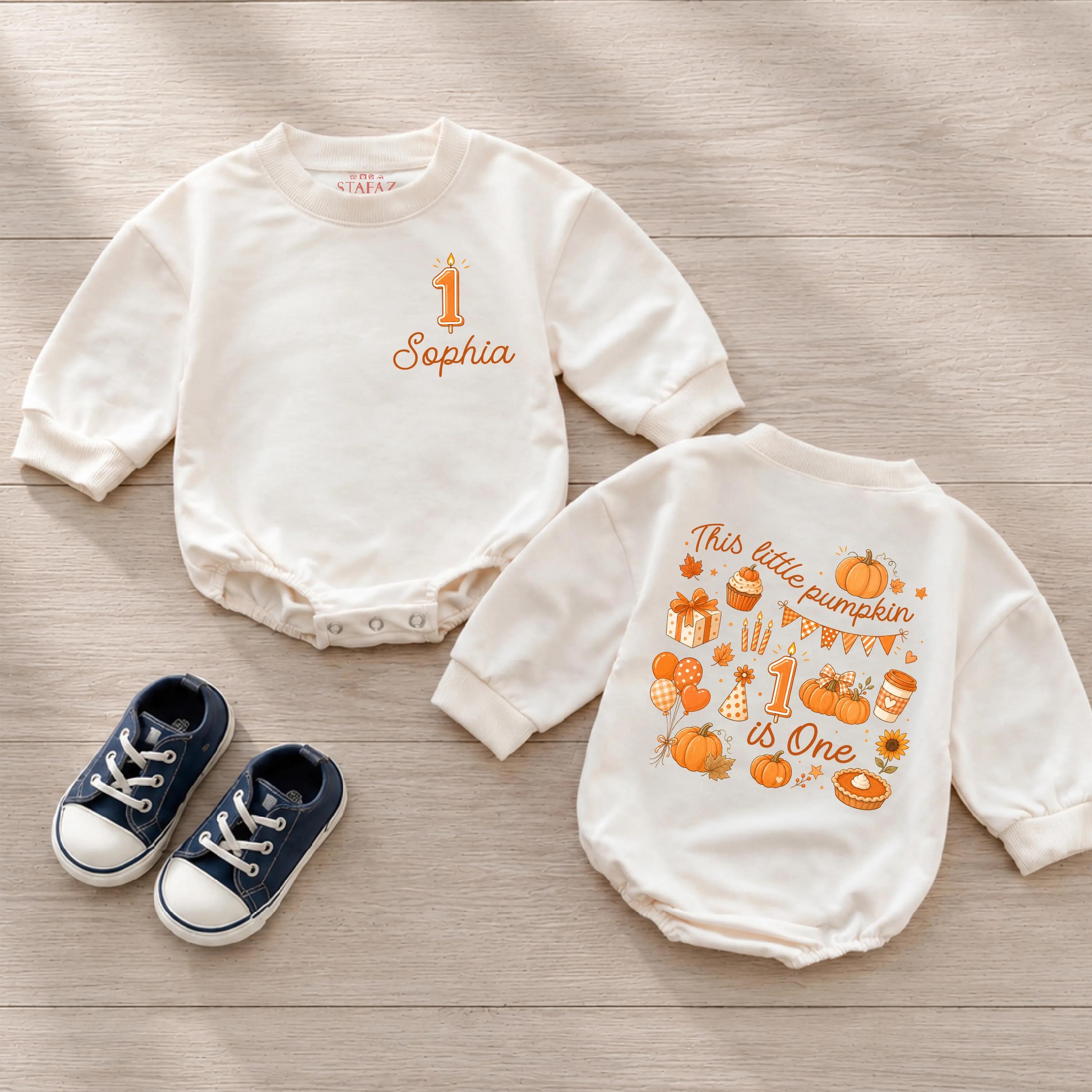 This Little Pumpkin Is One Baby Romper with Custom Name, Retro Fall First Birthday Outfit, Thanksgiving Baby Shower Gift