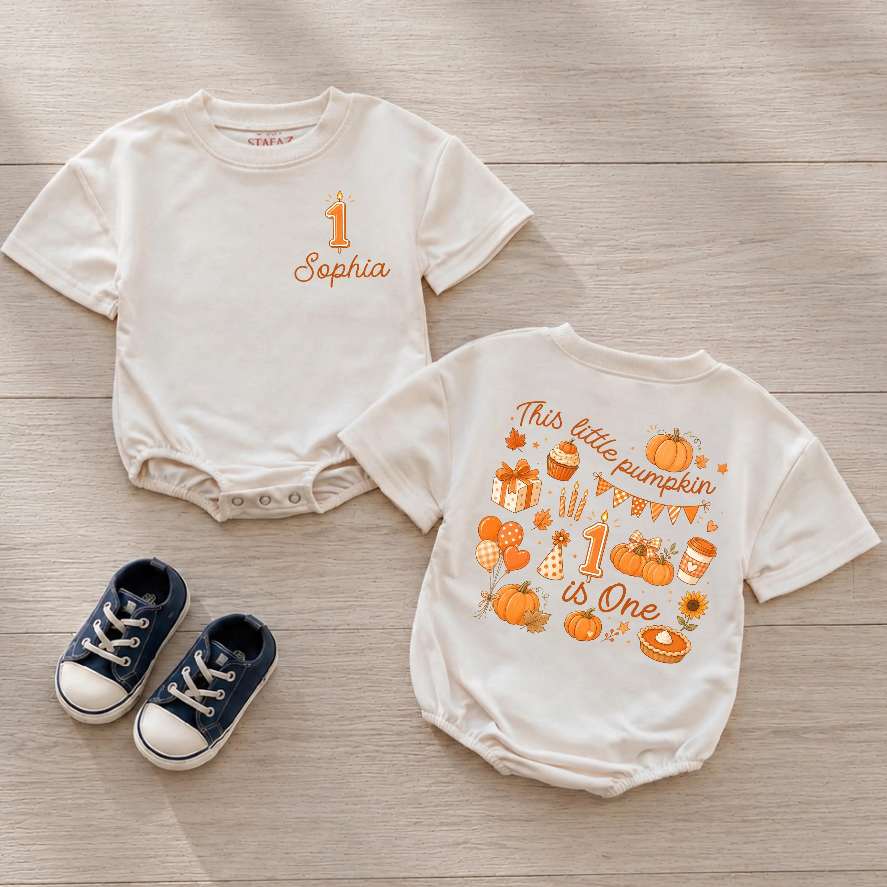This Little Pumpkin Is One Baby Romper with Custom Name, Retro Fall First Birthday Outfit, Thanksgiving Baby Shower Gift