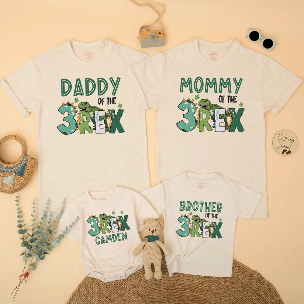 Three Rex Dinosaur Birthday Shirt for Family, Custom Matching Outfits, 3rd Birthday Party Tee for Mommy, Daddy, Kids, Toddler Gift