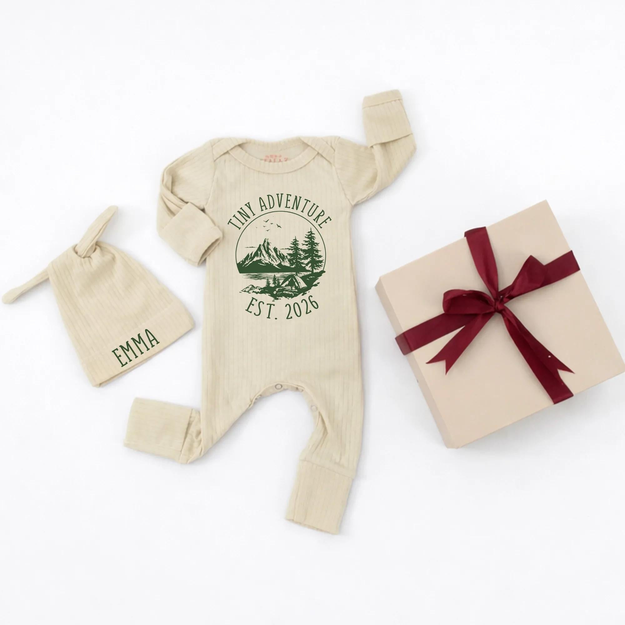 Tiny Adventure Baby Bodysuit and Hat Set with Custom Name, Woodland Mountain Design, Newborn Coming Home Outfit or Baby Shower Gift