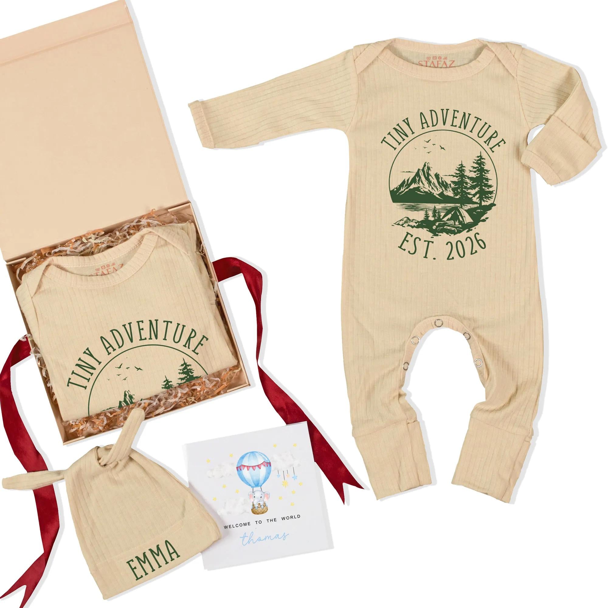 Tiny Adventure Baby Bodysuit and Hat Set with Custom Name, Woodland Mountain Design, Newborn Coming Home Outfit or Baby Shower Gift
