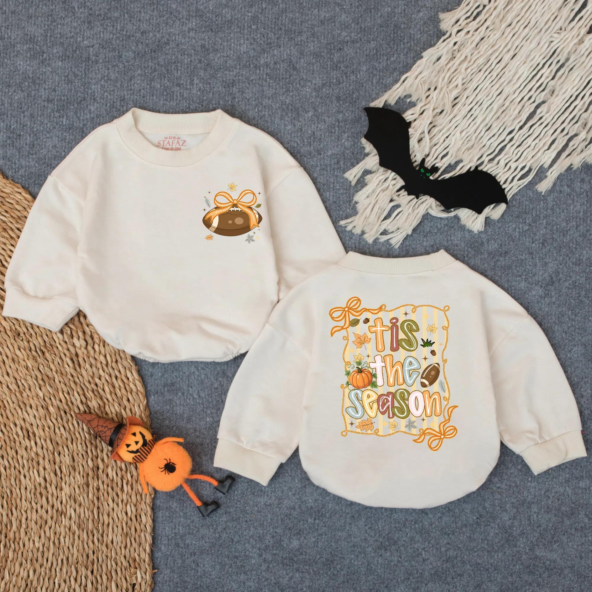 Tis The Season Autumn Romper with Football Bow for Toddler Girls Cozy Fall Game Day Outfit Thanksgiving Playful Pumpkin Design