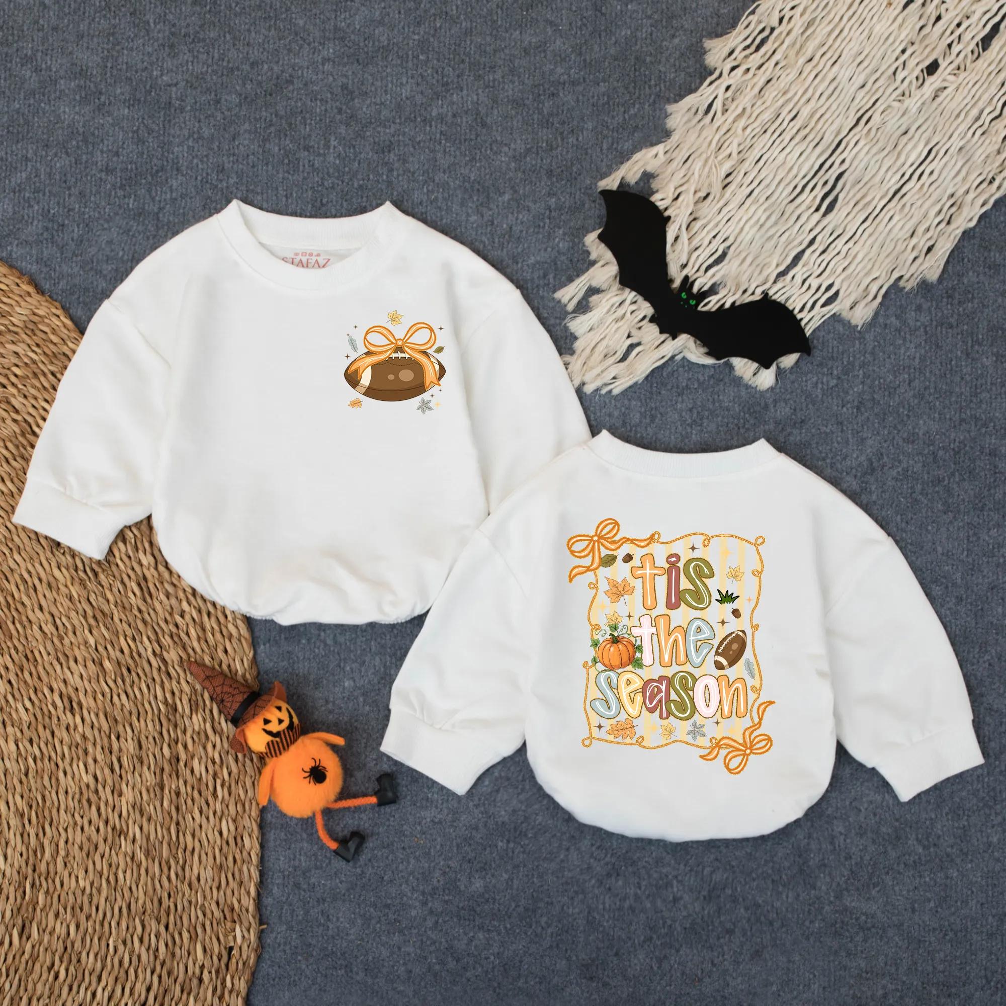 Tis The Season Autumn Romper with Football Bow for Toddler Girls Cozy Fall Game Day Outfit Thanksgiving Playful Pumpkin Design