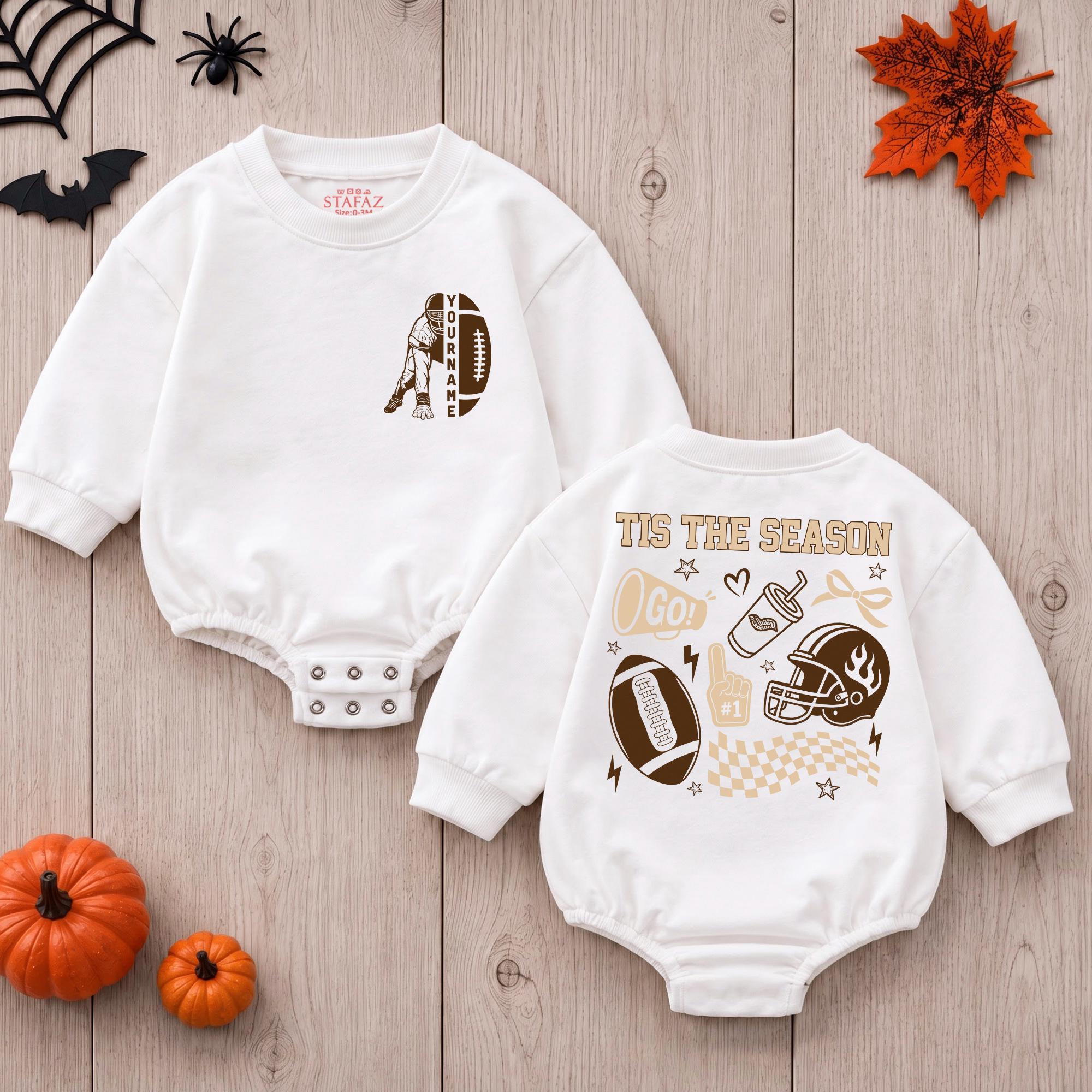 'Tis the Season Baby Football Romper with Gold and Brown Graphics, Custom Name, Newborn Fall Outfit for Baby Boy or Girl