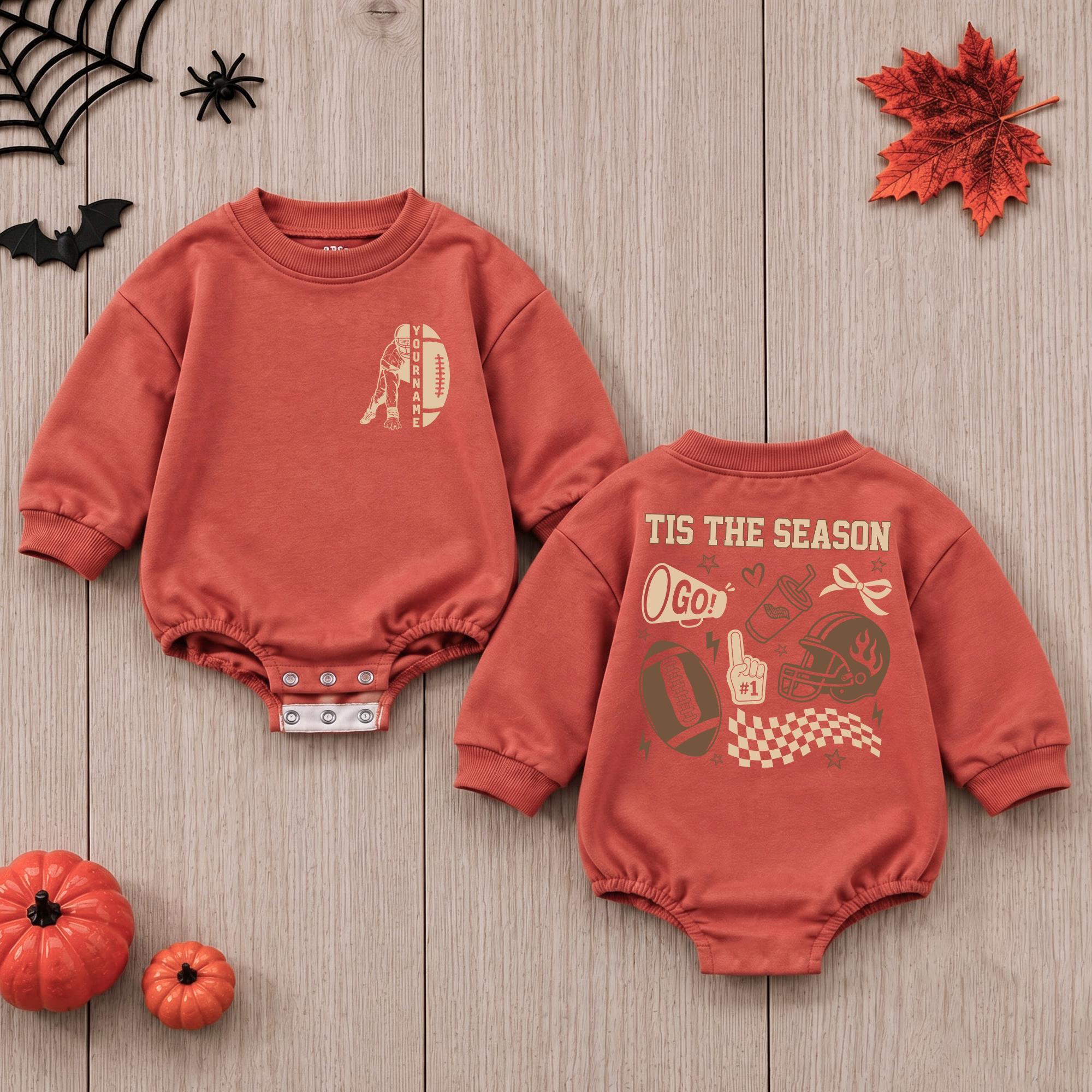 'Tis the Season Baby Football Romper with Gold and Brown Graphics, Custom Name, Newborn Fall Outfit for Baby Boy or Girl