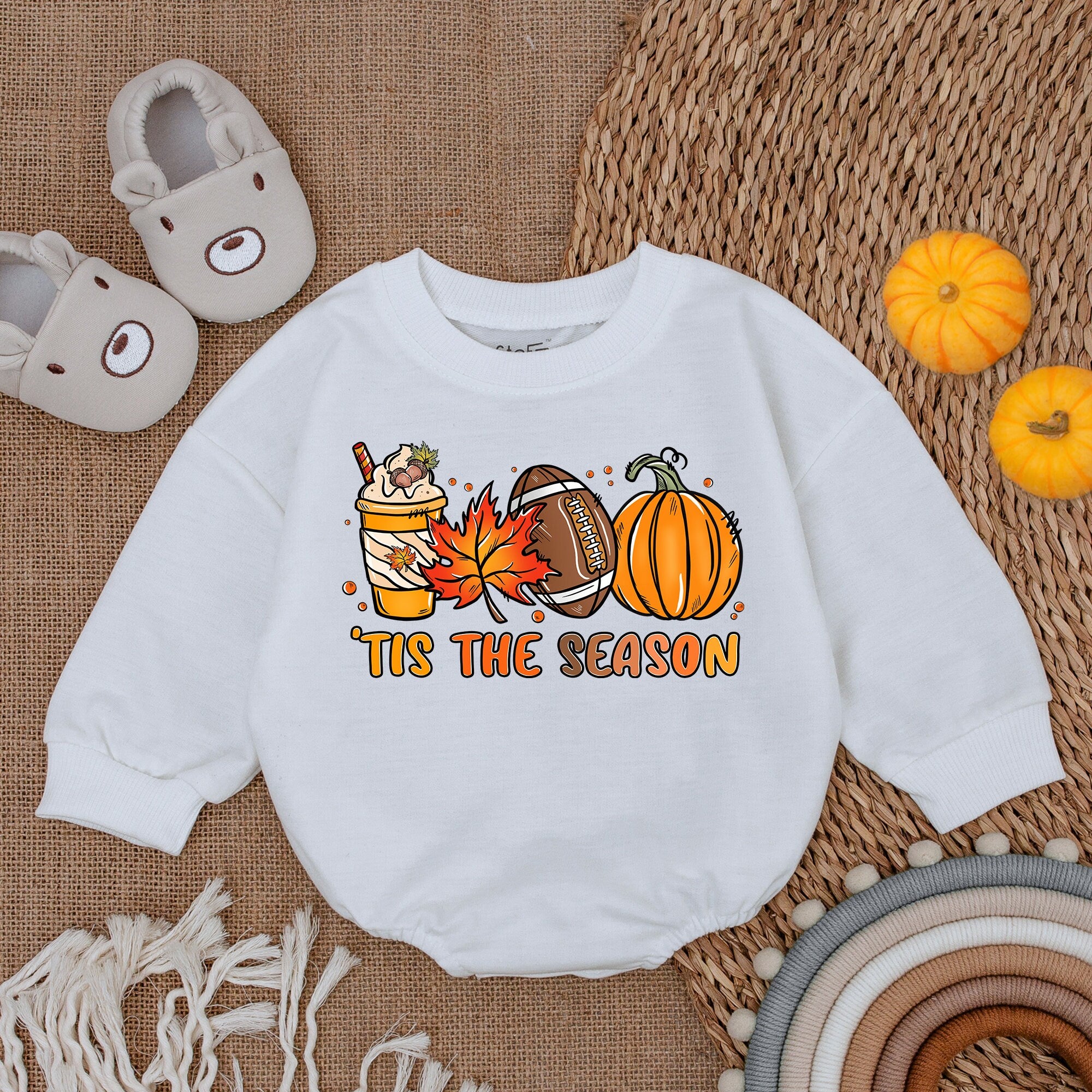 Tis The Season Baby Girl Romper First Thanksgiving Outfit Fall Football Design Pumpkin Leaves Soft Cotton Baby Shower Gift