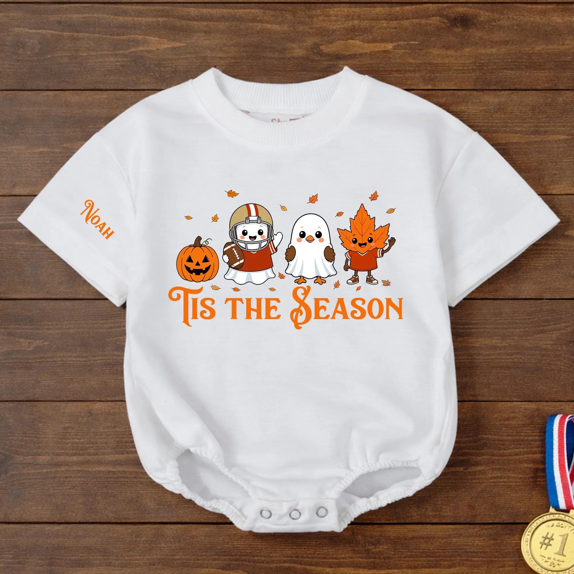 'Tis The Season Baby Romper with Ghost, Football, and Pumpkin Artwork, Custom Name Fall Outfit, Halloween Baby Shower Gift