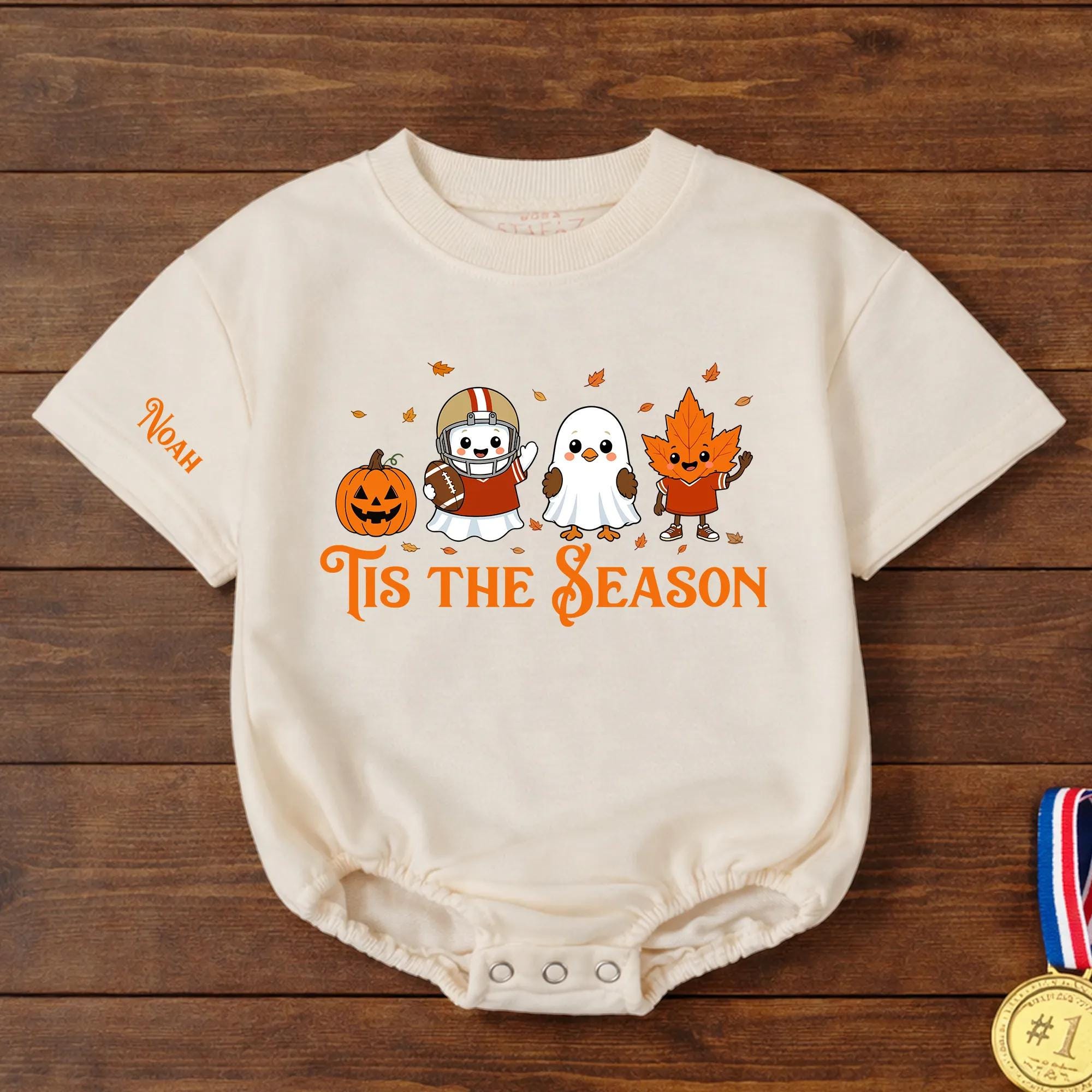 'Tis The Season Baby Romper with Ghost, Football, and Pumpkin Artwork, Custom Name Fall Outfit, Halloween Baby Shower Gift
