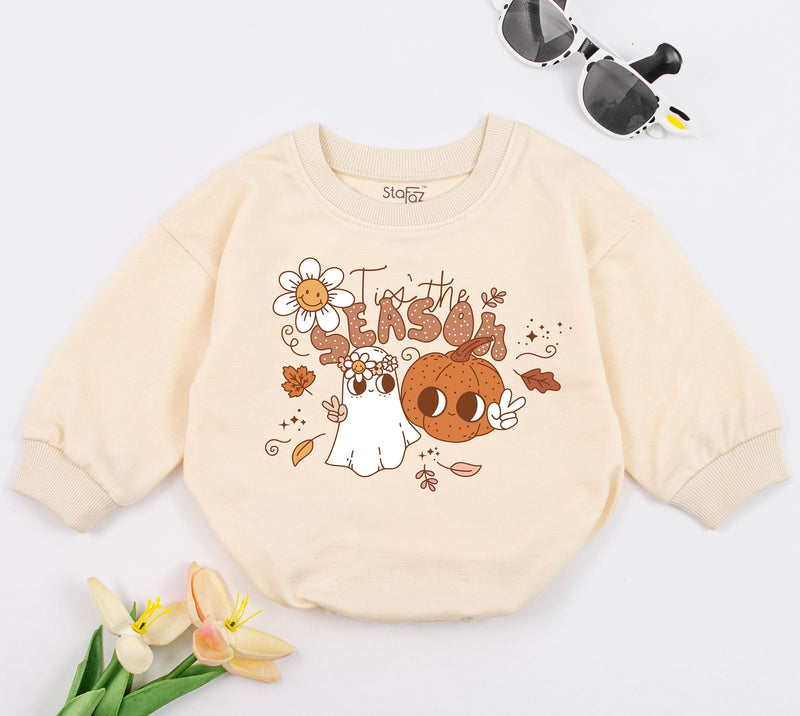 Tis the Season Baby Romper Retro Fall Design Halloween Ghost Pumpkin Daisy Soft Cotton Infant Bodysuit for Holiday Celebrations