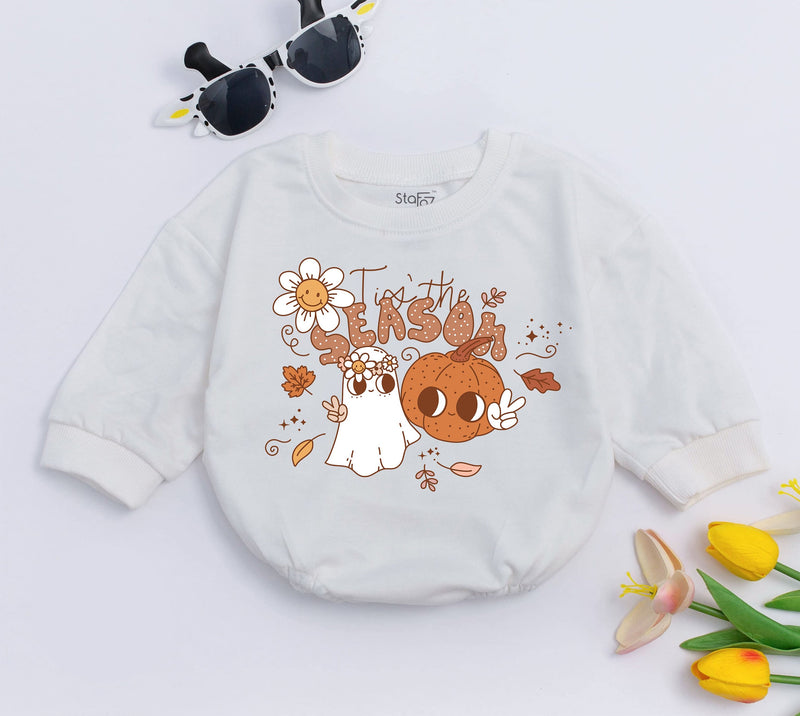 Tis the Season Baby Romper Retro Fall Design Halloween Ghost Pumpkin Daisy Soft Cotton Infant Bodysuit for Holiday Celebrations