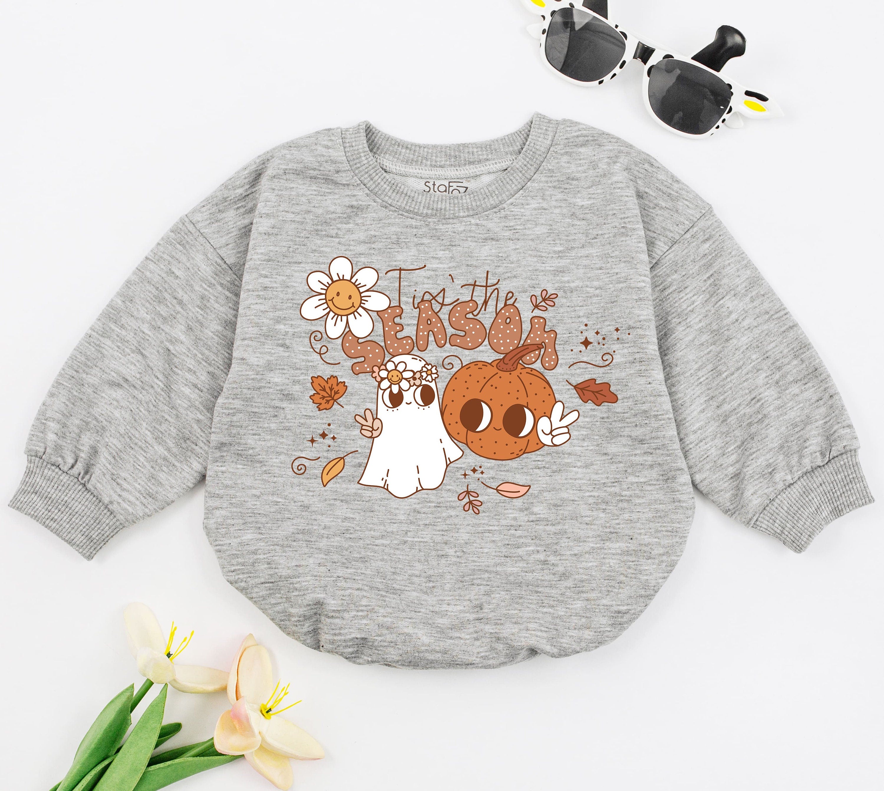 Tis the Season Baby Romper Retro Fall Design Halloween Ghost Pumpkin Daisy Soft Cotton Infant Bodysuit for Holiday Celebrations