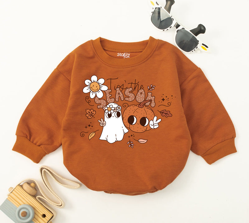 Tis the Season Baby Romper Retro Fall Design Halloween Ghost Pumpkin Daisy Soft Cotton Infant Bodysuit for Holiday Celebrations