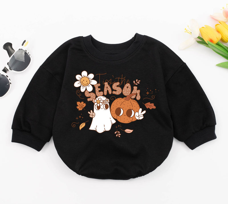 Tis the Season Baby Romper Retro Fall Design Halloween Ghost Pumpkin Daisy Soft Cotton Infant Bodysuit for Holiday Celebrations