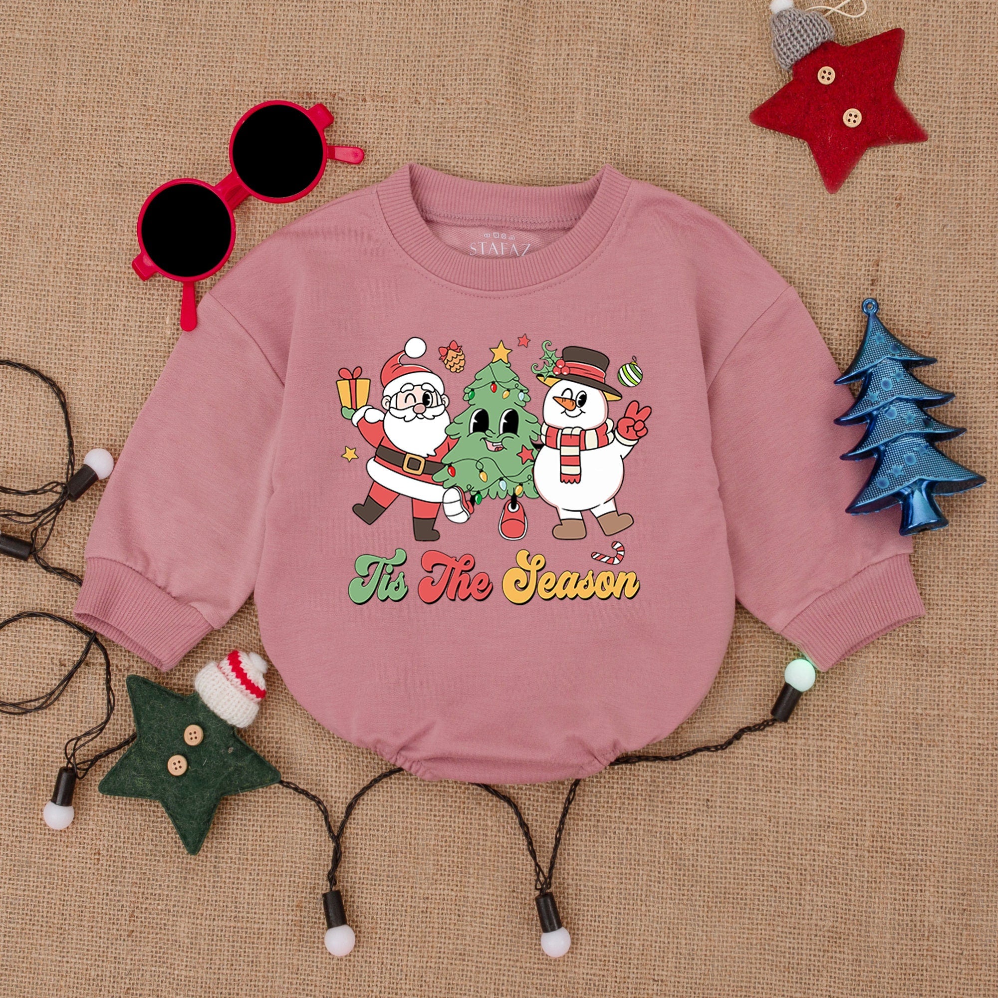 Tis The Season Christmas Bubble Romper for Baby Toddler Festive Holiday Outfit Snowman Tree Design Soft Cotton Comfortable Winter Clothes