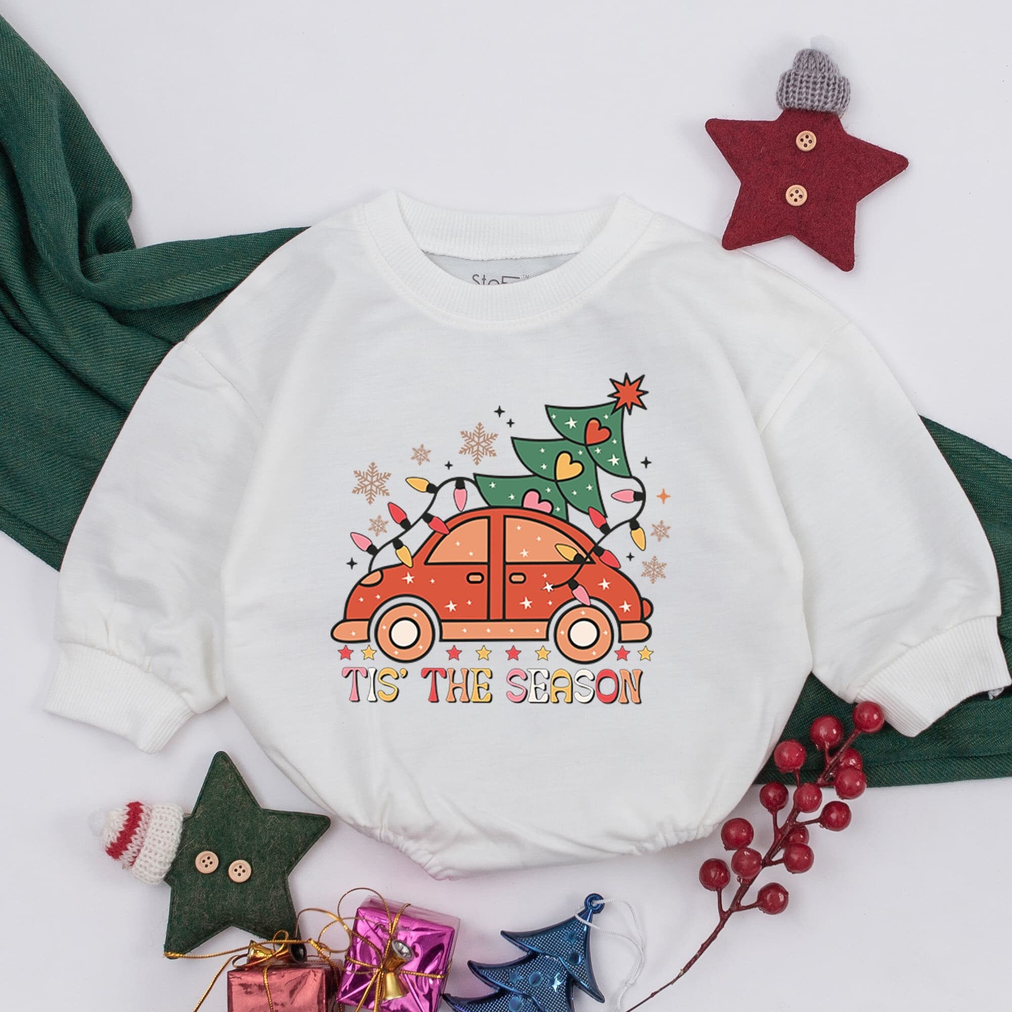 Tis The Season Red Car Christmas Tree Baby Romper Festive Toddler Sweatshirt Holiday Infant Clothes Gift Cotton Comfortable First Christmas