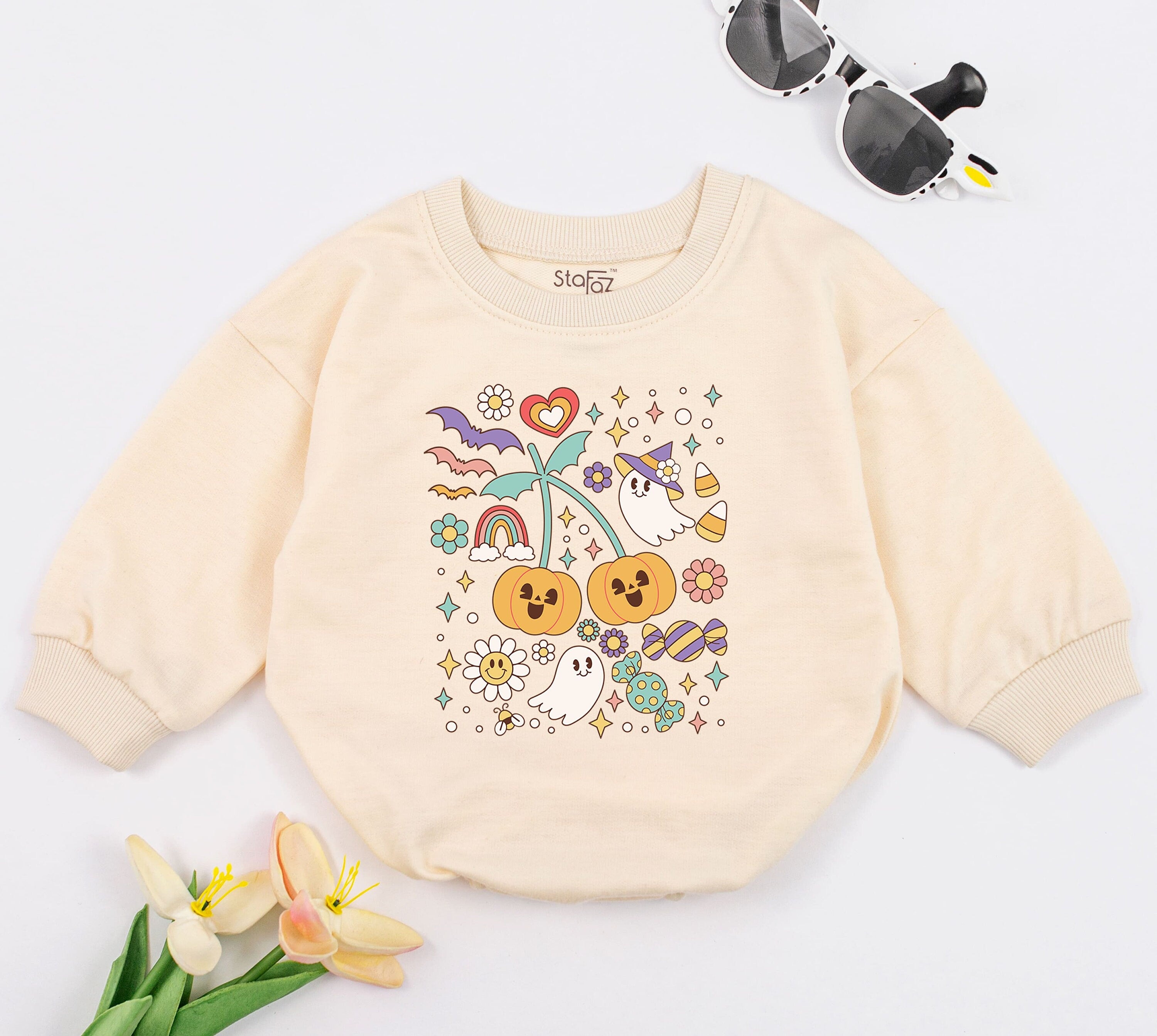 Toddler Halloween Sweatshirt Romper with Smiling Pumpkins Ghost Bat Playful Vintage Design Colorful First Costume Soft Cotton Outfit