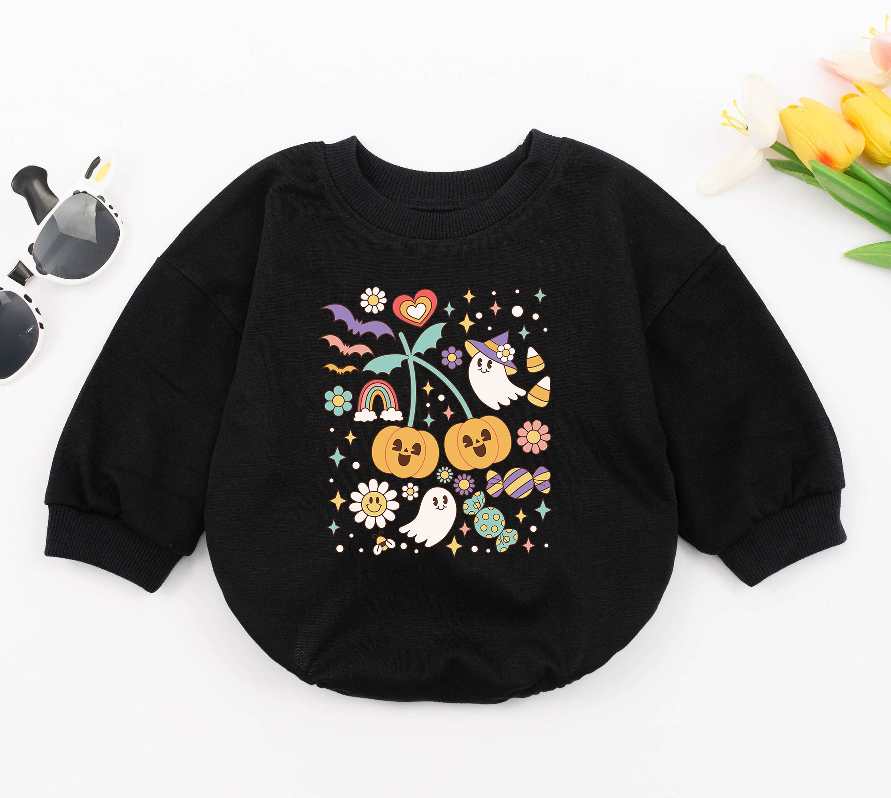 Toddler Halloween Sweatshirt Romper with Smiling Pumpkins Ghost Bat Playful Vintage Design Colorful First Costume Soft Cotton Outfit