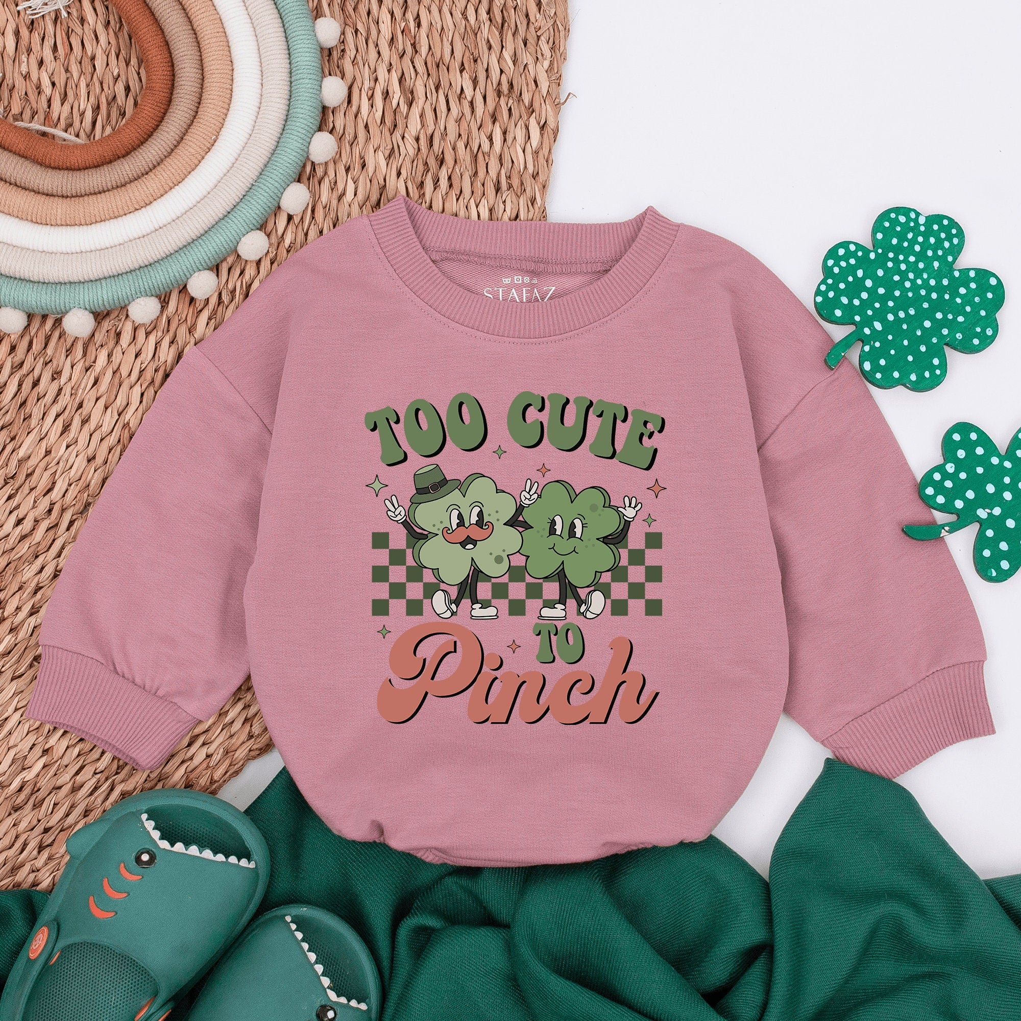 Too Cute To Pinch Baby Romper with Shamrocks St Patricks Day Infant Outfit Soft Cotton Green Orange Checkered Pattern