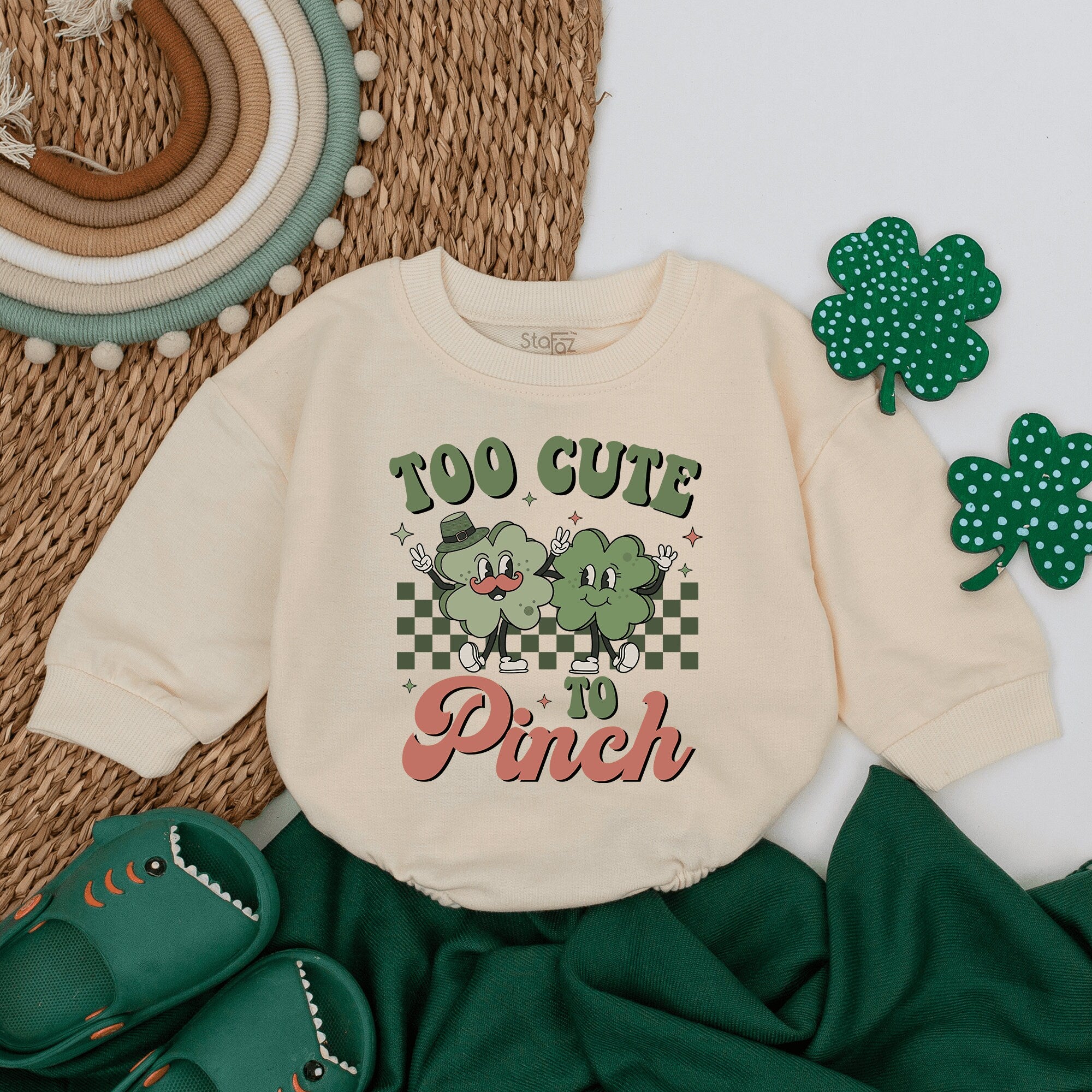 Too Cute To Pinch Baby Romper with Shamrocks St Patricks Day Infant Outfit Soft Cotton Green Orange Checkered Pattern