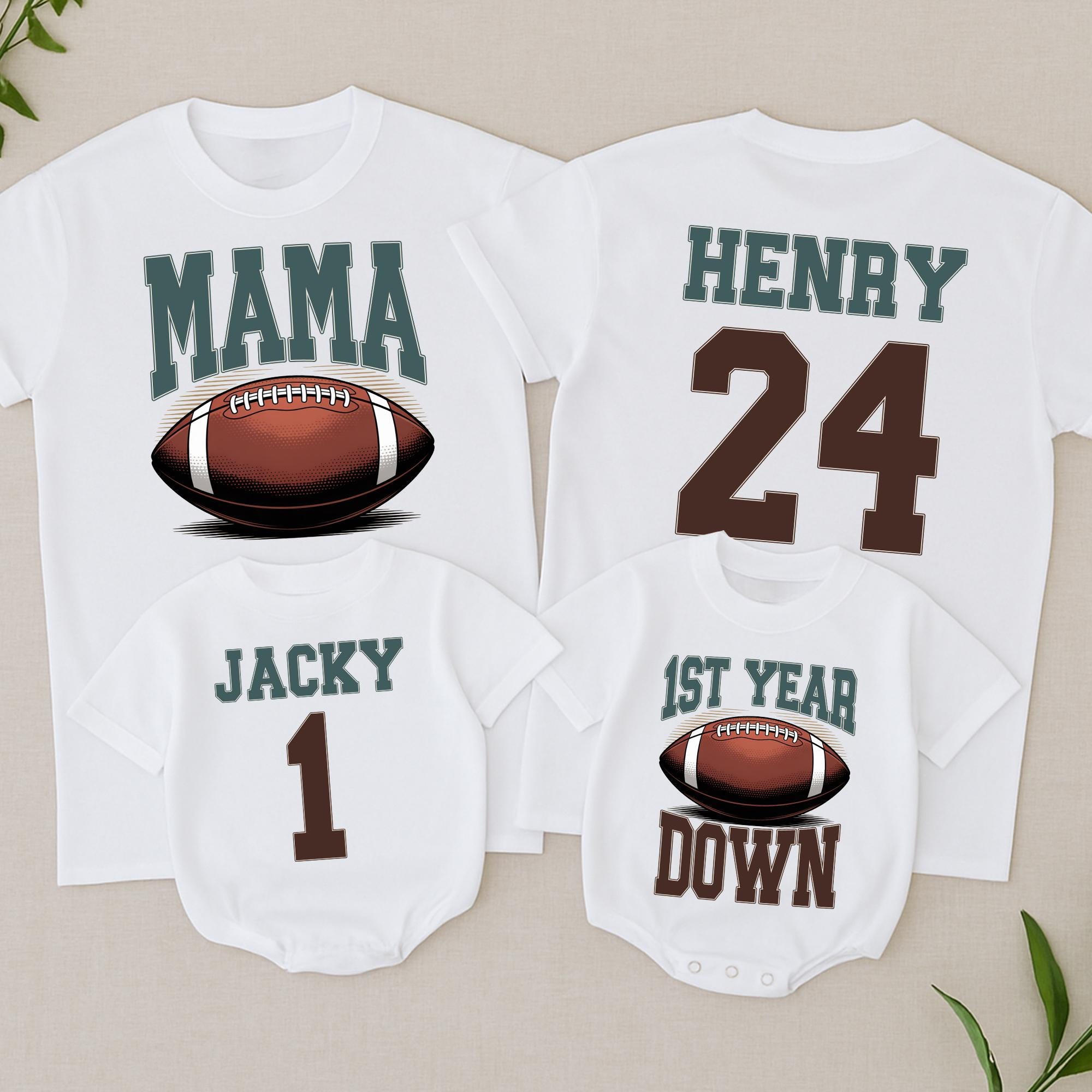 Touchdown One First Birthday Matching Family Football Tees Personalized Infant Outfit Custom Names Cotton Sporty Design
