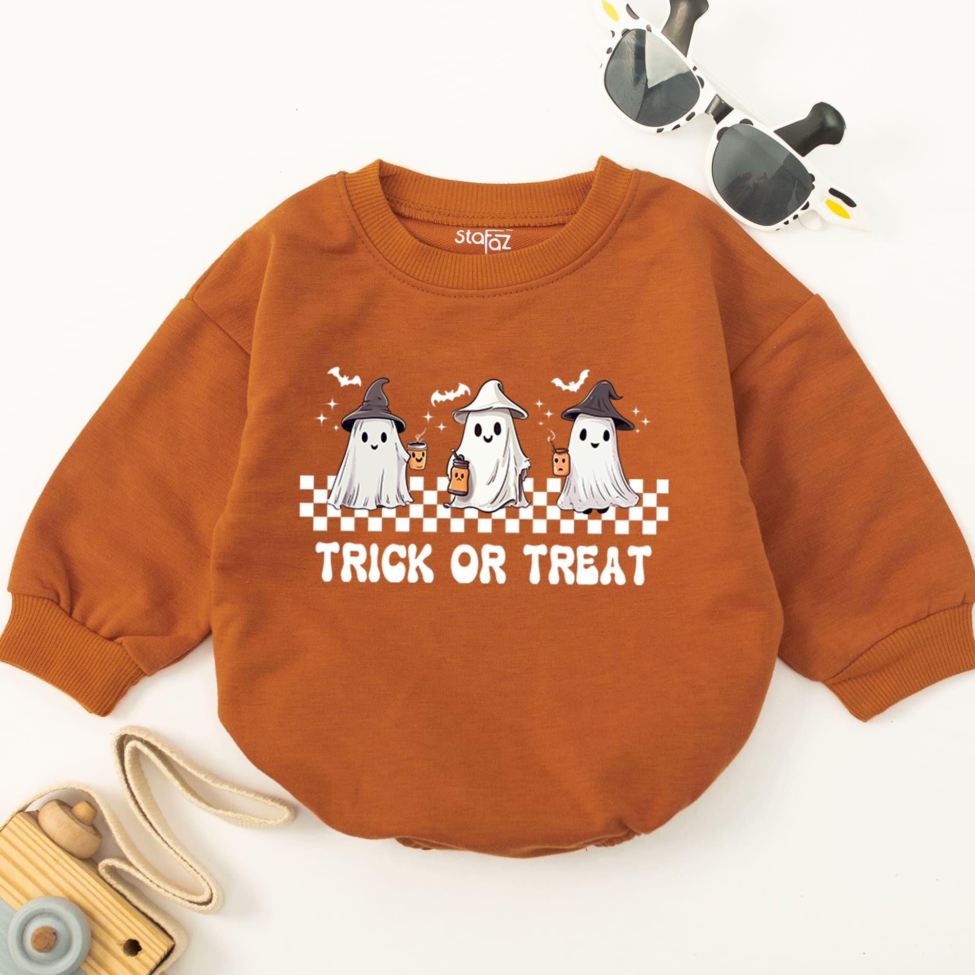 Trick or Treat Baby Romper Halloween Bodysuit with Ghosts and Checkered Pattern Soft Toddler Outfit for Fall Holiday Celebrations