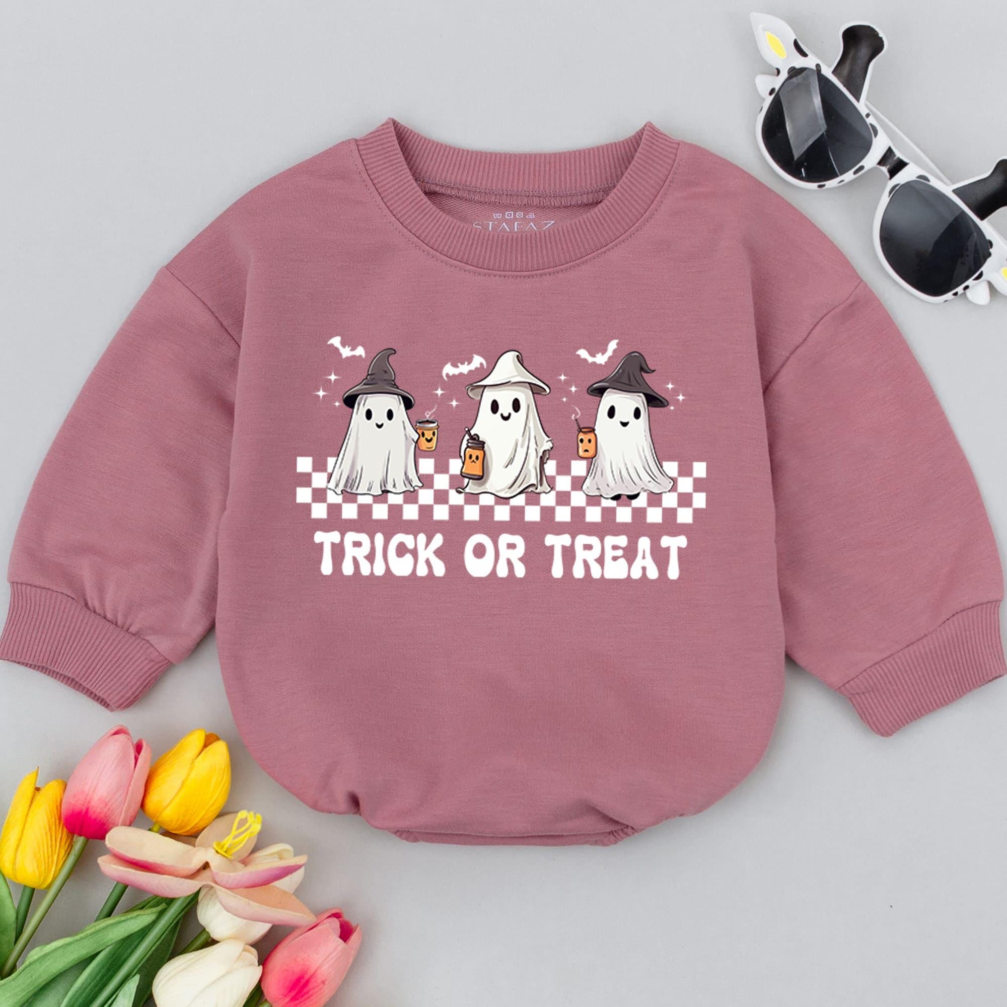 Trick or Treat Baby Romper Halloween Bodysuit with Ghosts and Checkered Pattern Soft Toddler Outfit for Fall Holiday Celebrations