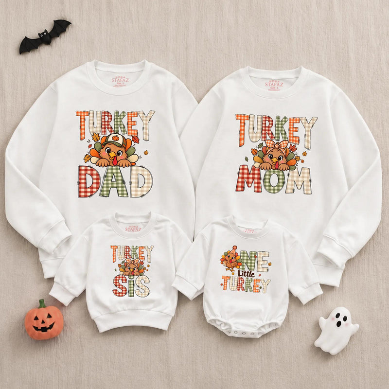 Turkey Mom and Dad Thanksgiving Sweatshirts with Baby Little Turkey Outfit, Personalized Family Matching Shirts for Fall Celebrations