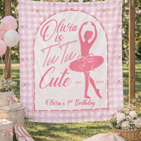 Tutu Cute Personalized Pink Ballerina Birthday Banner for Girls, 1st Birthday Party Backdrop with Gingham and Bow Design, Ballet Decor